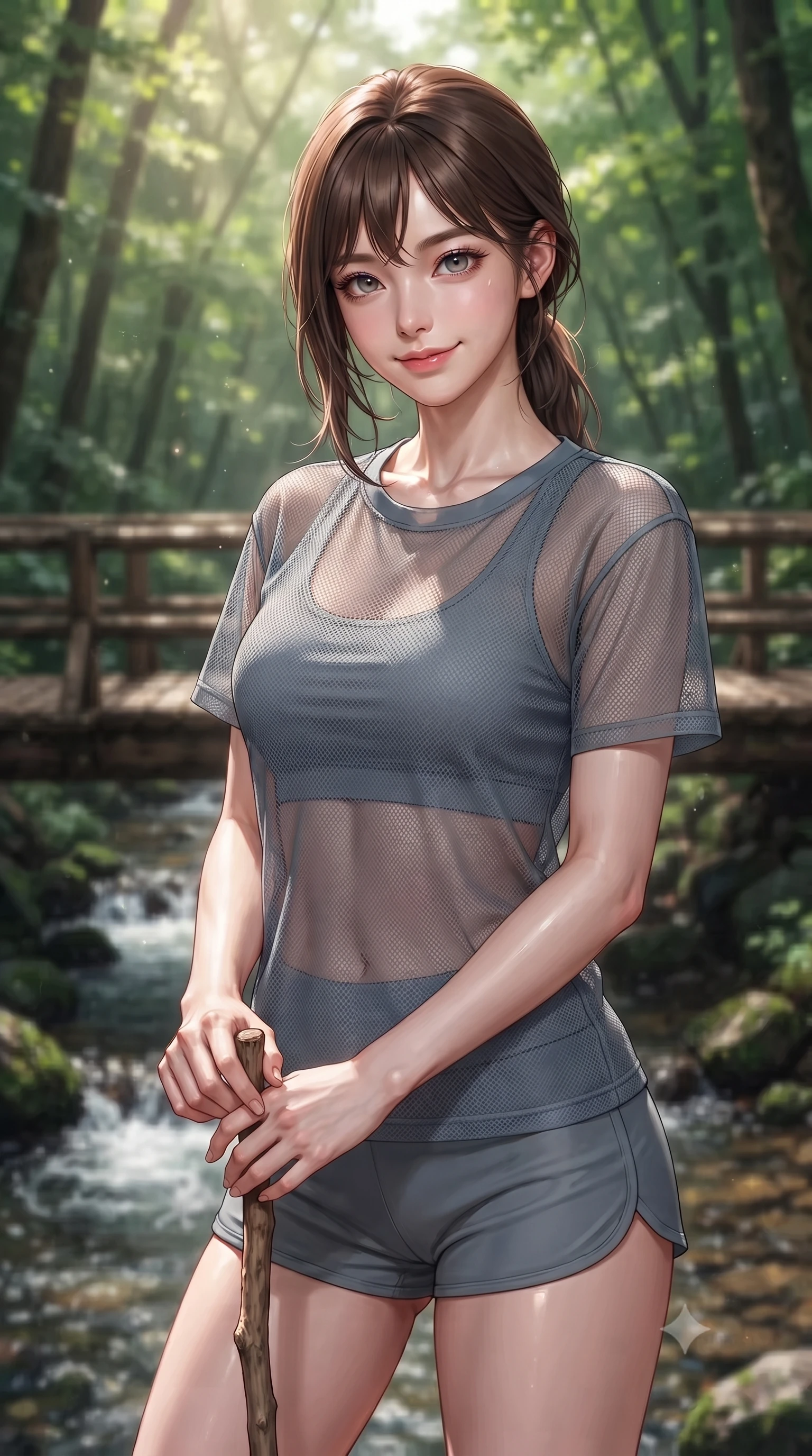 score_9, masterpiece, best quality, ultra-detailed, high-budget anime keyframe, editorial fashion photography, tasteful artistic composition, Korean woman. close-up cowboy shot from the waist and thighs up, the character dominates the composition, filling the frame with her large presence, background elements kept in soft focus. gazing at the camera with a warm, lovely smile and cute, friendly eye contact set against a soft-focus background of on a rustic wooden bridge crossing a shallow, bubbling valley stream holding a small wooden walking stick with a bright, active smile. She has an exceptionally elegant, slender, and willowy female figure with an ultra-slim waist, a gracefully sculpted slender torso, and a refined silhouette. sharp v-shaped jawline, high-bridge nose, intricate jewel-like eyes with depth, thick eyelashes, glossy lips with a natural sheen. wearing slim-fit sheer mesh athletic top in slate grey, worn over a slim-fit sports bralette and shorts. dappled sunbeams filtering through the dense green forest canopy. ultra-reflective glossy finish, specular highlights, metallic sheen, high-contrast stereoscopic depth, volumetric dynamic lighting, 2k, ultra detail, master piece, 9:16 ratio