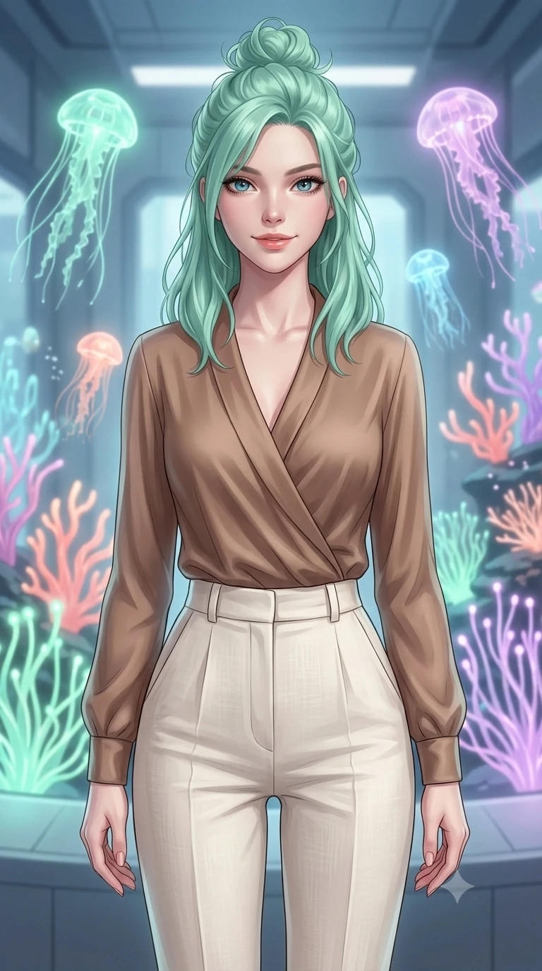 score_9, masterpiece, best quality, ultra-detailed, high-budget anime keyframe, editorial fashion photography, tasteful artistic composition, Japanese woman. close-up cowboy shot from the waist and thighs up, the character dominates the composition, filling the frame with her large presence, background elements kept in soft focus. Smiling softly with a knowing, happy look in her eyes. set against a soft-focus background of inside a high-tech lab aquarium filled with robotic jellyfish and glowing fiber-optic coral reefs that change color in waves. She has an exceptionally elegant, slender, and willowy female figure with a highly-defined ultra-slim waist, a gracefully sculpted slender torso, and a refined slim-fit silhouette that contours her form. sharp v-shaped jawline, high-bridge nose, intricate jewel-like eyes with depth, thick eyelashes, glossy lips with a natural sheen. wearing a wrap-style silk blouse in a warm mocha shade, tucked into high-waisted ivory linen trousers. shifting pastel fiber-optic lights (mint, coral, lilac) wrapping the character in a soft water-diffused glow. 2k, ultra detail, master piece, 9:16 ratio