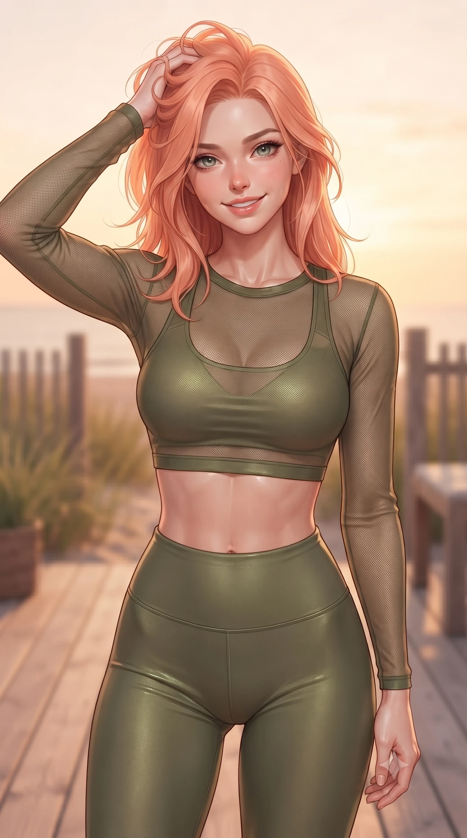 score_9, masterpiece, best quality, ultra-detailed, high-budget anime keyframe, editorial fashion photography, tasteful artistic composition, Japanese woman woman. close-up cowboy shot from the waist and thighs up, the character dominates the composition, filling the frame with her large presence, background elements kept in soft focus. smiling with quiet, magnetic self-assurance directly into the camera, running a hand through her hair the background shows a soft-focus a cozy wooden deck of a beachside cottage, surrounded by beachgrass and wooden fences. She has an exceptionally elegant, slender, and willowy female figure with an ultra-slim waist, a gracefully sculpted slender torso, and a refined silhouette. sharp v-shaped jawline, high-bridge nose, intricate jewel-like eyes with depth, thick eyelashes, glossy lips with a natural sheen. wearing a body-hugging sheer mesh long-sleeve crop top in olive green, worn over a matching sports bra and leggings. warm sunset light casting a peaceful, cozy orange wash on her figure. ultra-reflective glossy finish, specular highlights, metallic sheen, high-contrast stereoscopic depth, volumetric dynamic lighting, 2k, ultra detail, master piece, 9:16 ratio