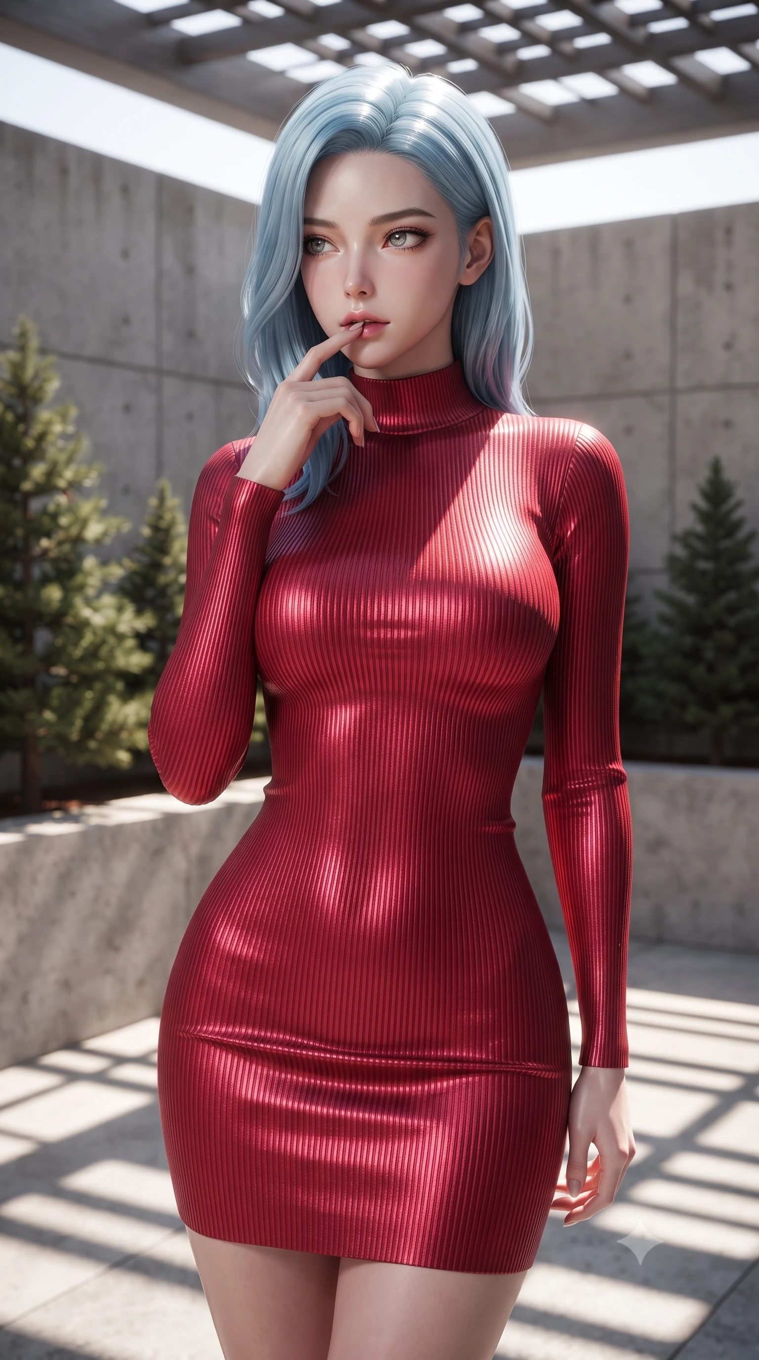 score_9, masterpiece, best quality, ultra-detailed, high-budget anime keyframe, editorial fashion photography, tasteful artistic composition, Korean woman woman. close-up cowboy shot from the waist and thighs up, the character dominates the composition, filling the frame with her large presence, background elements kept in soft focus. pressing one finger to her bottom lip in a thoughtful, seductive gesture under the warm sun the background shows a soft-focus an outdoor bath deck with concrete walls and miniature pine trees. She has an exceptionally elegant, slender, and willowy female figure with an ultra-slim waist, a gracefully sculpted slender torso, and a refined silhouette. sharp v-shaped jawline, high-bridge nose, intricate jewel-like eyes with depth, thick eyelashes, glossy lips with a natural sheen. wearing a form-contouring body-hugging ribbed bodycon dress in crimson red, detailed with a tight mock-neck. sharp morning sunbeams casting structured shadows across the deck. ultra-reflective glossy finish, specular highlights, metallic sheen, high-contrast stereoscopic depth, volumetric dynamic lighting, 2k, ultra detail, master piece, 9:16 ratio