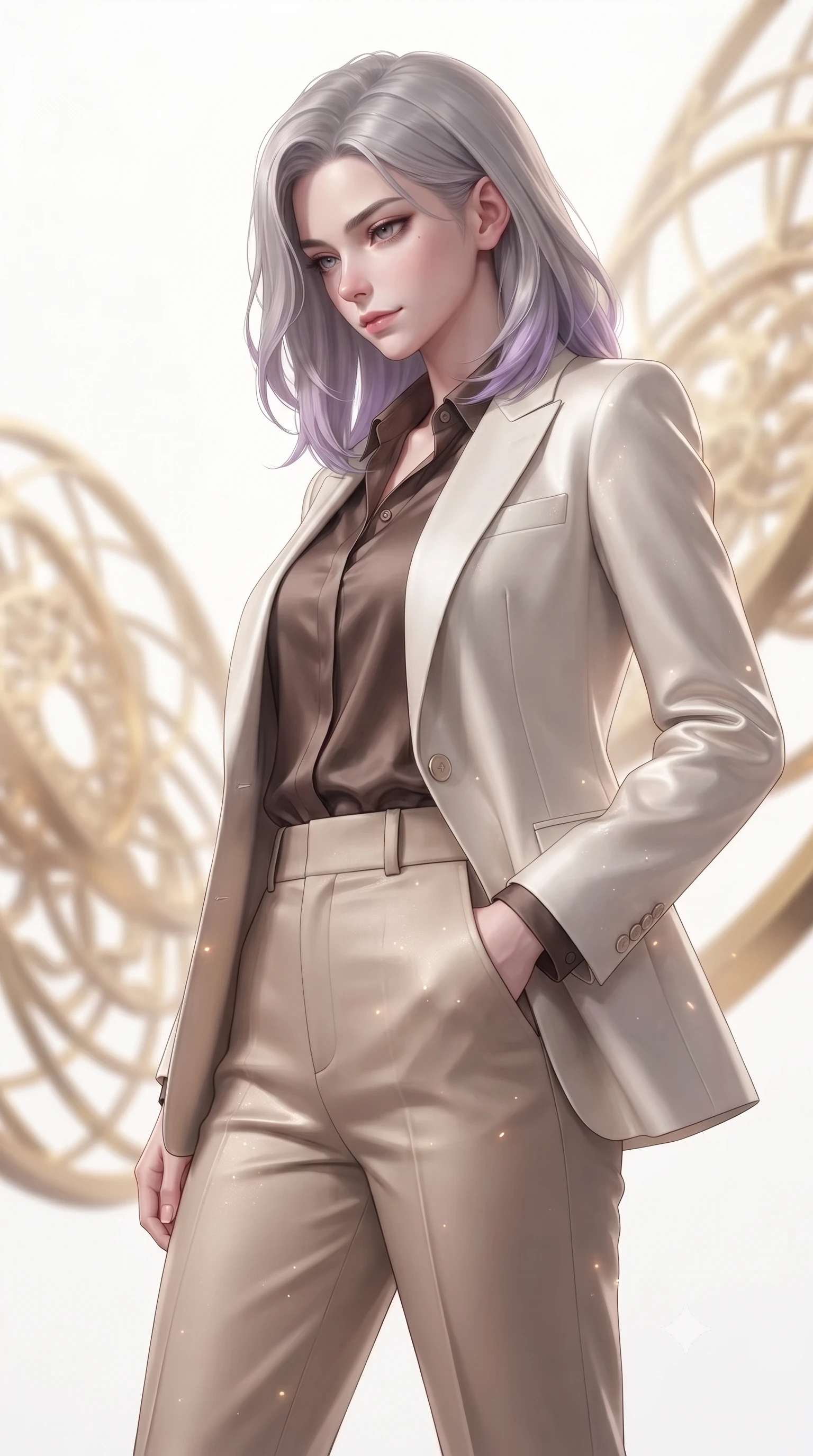 score_9, masterpiece, best quality, ultra-detailed, high-budget anime keyframe, editorial fashion photography, tasteful artistic composition, realistic cosplay photography, Caucasian woman, strictly human ears. close-up cowboy shot from the waist and thighs up, the character dominates the composition, filling the frame with her large presence, background elements kept in soft focus. Looking down at the opponent with quiet, menacing intensity and a cold half-smile. set against a soft-focus background of a pure white void with massive golden lines of three-dimensional mandalas rotating and interlocking around the scene. She has an exceptionally elegant and slender, willowy female figure with an ultra-slim waist, a gracefully sculpted slender torso, and a refined slim physique. sharp v-shaped jawline, high-bridge nose, intricate jewel-like eyes with depth, thick eyelashes, glossy lips with a natural sheen. wearing catching and diffusing the glowing particles, shimmering softly in response to the surrounding light, a form-contouring structured ivory blazer over a cocoa brown silk blouse, paired with high-waisted sand-colored tailored trousers. soft glowing ambient light with sharp side key light tracing the sleek contours of her figure. ultra-reflective glossy finish, specular highlights, metallic sheen, high-contrast stereoscopic depth, volumetric dynamic lighting, 2k, ultra detail, master piece, 9:16 ratio