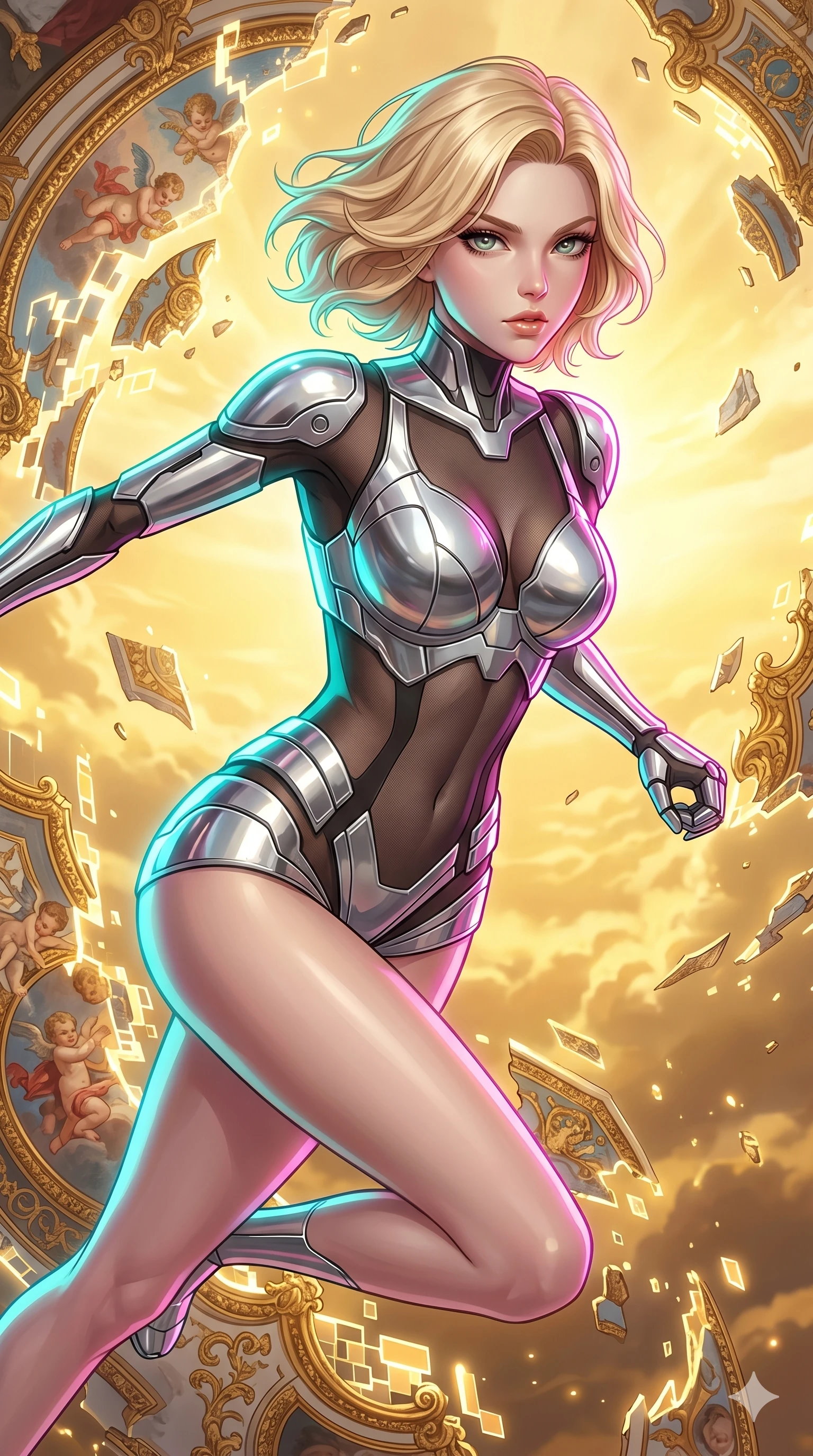 score_9, masterpiece, best quality, ultra-detailed, high-budget anime keyframe, Japanese woman. upper body close-up from the thighs up, character filling the screen for maximum presence. propelling herself off digital baroque ceiling fresco shards that float and reassemble in a golden sky. She has an absolutely perfect 8-heads proportion, an exceptionally tall and slender female figure with impossibly long slender legs and an ultra-slim waist. V-shaped jawline, high-bridge nose, intricate jewel-like eyes with depth, thick eyelashes, glossy lips with a natural sheen.. wearing a bionic chrome plate bodysuit, featuring silver chrome plates covering the bust and hips, connected by sheer black mesh panels. bathed in brilliant cinematic volumetric lighting and intense neon rim light highlighting her slender form. 2k, ultra detail, master piece, 9:16 ratio