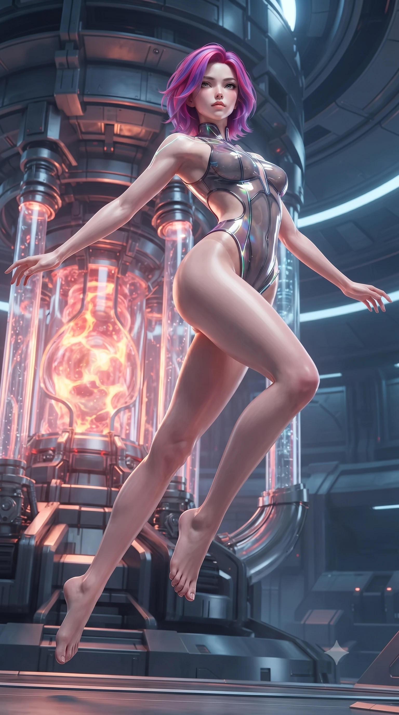 score_9, masterpiece, best quality, ultra-detailed, high-budget anime keyframe, editorial fashion photography, tasteful artistic composition, Caucasian woman. low angle full-body shot from head to toe showing her feet, filling the entire 9:16 vertical frame with her statuesque presence, stretching her vertical silhouette. leaping through mid-air with an athletic yet alluring arch of her spine, her impossibly long slender legs stretched in flawless poise while floating weightlessly near a colossal fusion reactor core with molten energy pulsing through transparent conduits. The surrounding environment is rendered in vivid detail and crisp panoramic clarity. high-energy quantum containment architecture rendered with environmental sharpness. She has an absolutely perfect, statuesque 8.5-heads proportion, an exceptionally tall and slender model-like female figure with impossibly long slender legs and an ultra-slim waist. sharp v-shaped jawline, high-bridge nose, intricate jewel-like eyes with depth, thick eyelashes, glossy lips with a natural sheen, flawlessly proportioned anatomical accuracy, natural body alignment, perfectly sculpted elegant limbs, clean dynamic posture without body distortion. wearing a high-cut translucent vinyl leotard with front paneling, exposed side-rib cutouts, and an open back in translucent smoky quartz and iridescent holographic sheen, formed from high-gloss patent material with specular light reflections, accented with glowing fiber-optic seams tracing her collarbones and hip curves, the daring cutouts accentuating her delicate midriff, graceful collarbones, and feminine contour. surrounded by a supercharged, high-voltage, and breathtakingly bold sensual aura. ultra-reflective glossy finish, specular highlights, metallic sheen, high-contrast stereoscopic depth, volumetric dynamic lighting, 2k, ultra detail, master piece, 9:16 ratio