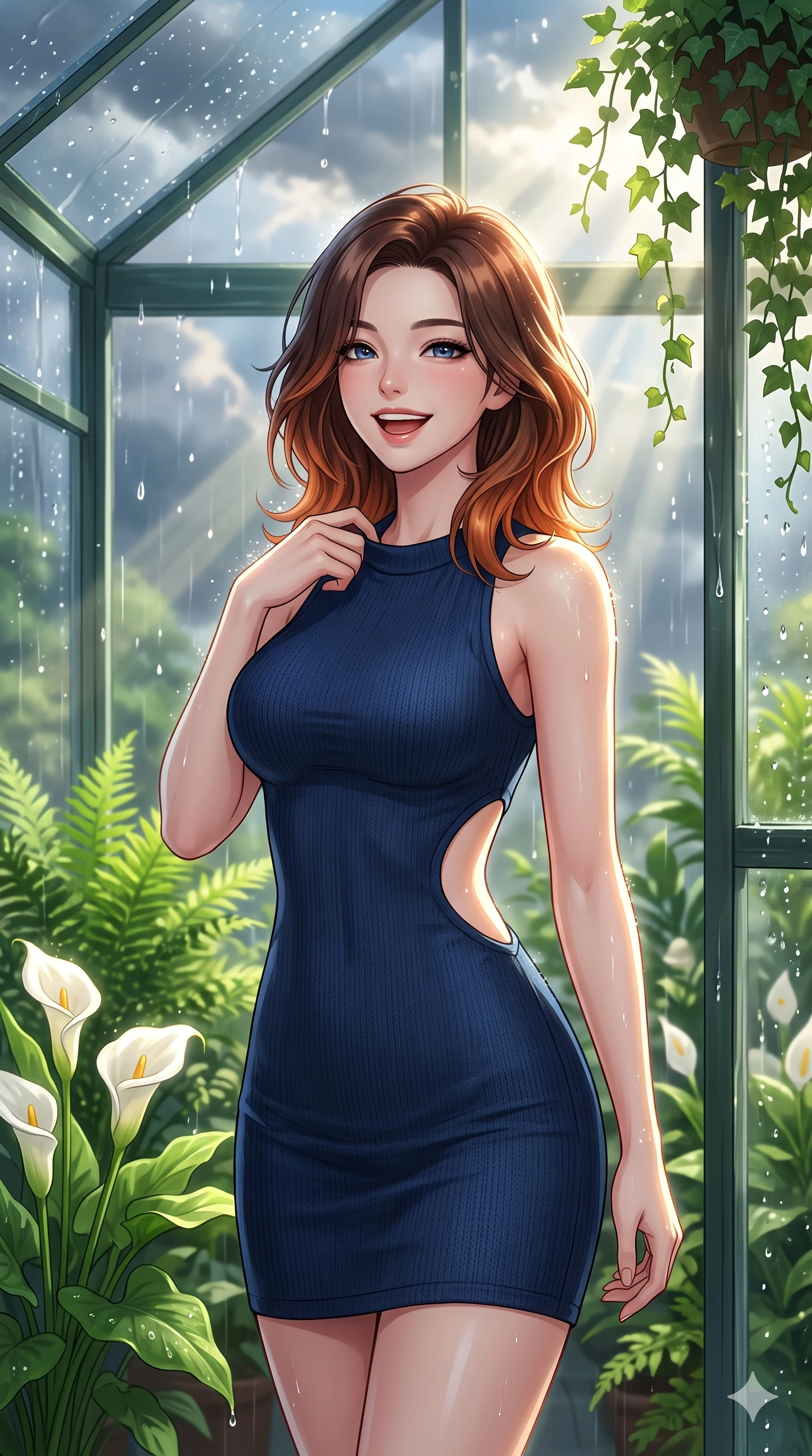 score_9, masterpiece, best quality, ultra-detailed, high-budget anime keyframe, vibrant anime aesthetic, Korean woman. close-up cowboy shot from the waist and thighs up, the character dominates the composition, filling the frame with her large presence, background elements kept in soft focus. She is laughing cheerfully while adjusting her collar in the soft drizzle, with a warm and inviting look standing amidst vibrant green ferns. inside a sunlit plant conservatory filled with white calla lilies and hanging ivy, as sunbeams pierce through storm clouds (Code-P22-099). She has an absolutely perfect proportion, an exceptionally elegant and slender female figure with an ultra-slim waist. V-shaped jawline, high-bridge nose, intricate jewel-like eyes with depth, thick eyelashes, glossy lips with a natural sheen. wearing a bodycon knit dress with an elegant side panel cut-out in midnight blue. She is lit by sparkling rain droplets reflecting the morning sun, creating a glowing halo, tracing the elegant lines of her shoulders inside the glass pavilion. 2k, ultra detail, master piece, 9:16 ratio