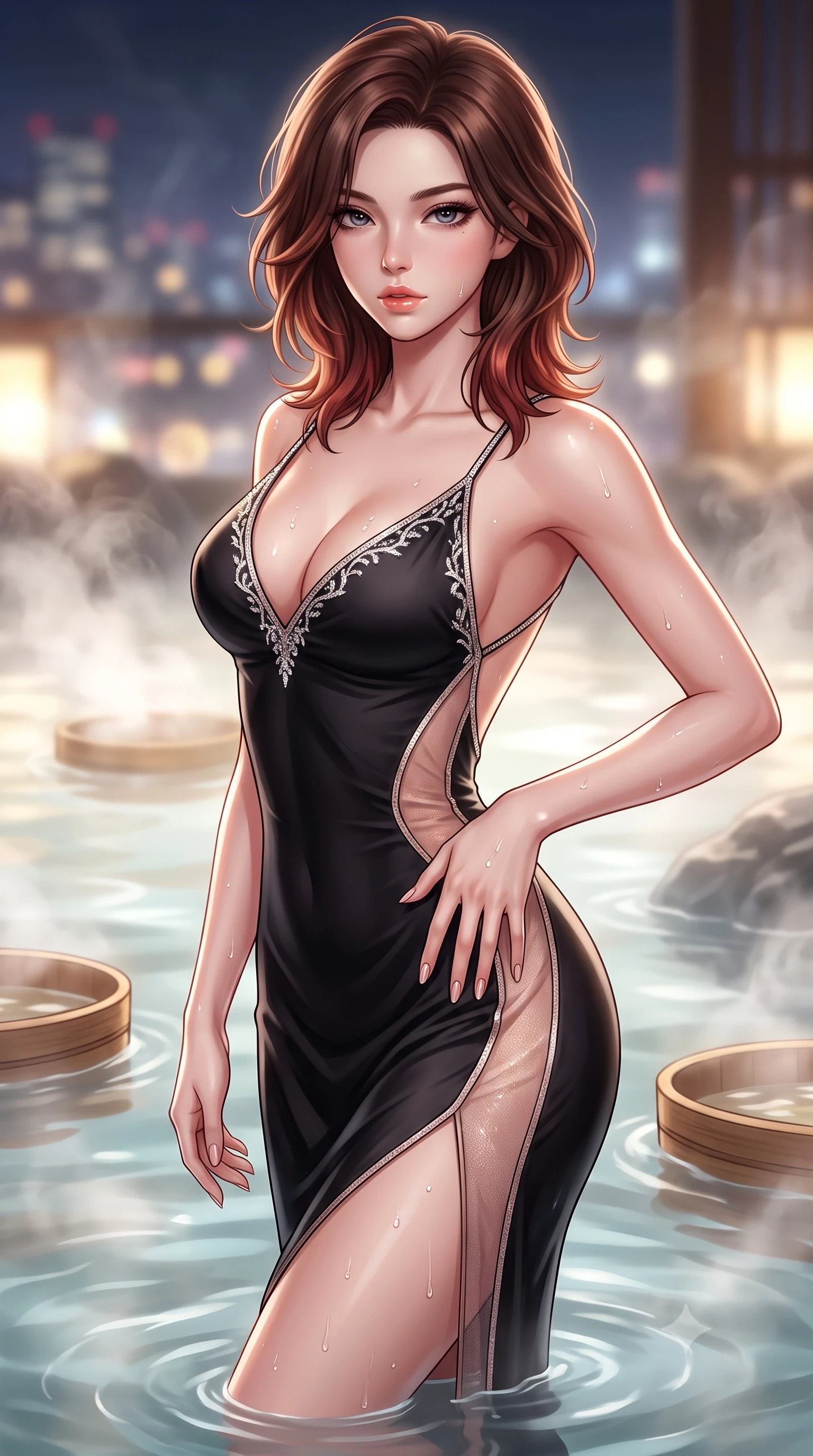 score_9, masterpiece, best quality, ultra-detailed, high-budget anime keyframe, semi-realistic 3D game render, editorial fashion photography, tasteful artistic composition, Korean woman. close-up cowboy shot from the waist and thighs up, the character dominates the composition, filling the frame with her large presence. resting one manicured hand delicately on her hip bone, her upper body turning in a fluid, seductive S-curve while parted lips glisten in the light while wading languidly through the steaming mineral water with hips cocked, water droplets beading along her flat midriff and long slender legs. The composition keeps background elements in soft focus with creamy bokeh. floating wooden sake cedar trays and onsen steam swirls softened in sensual atmospheric shallow focus. She has an exceptionally elegant, slender, and willowy female figure with an ultra-slim waist, flat toned midriff, narrow ribcage, and sculpted feminine hips creating an alluring, slim hourglass silhouette without bulk. sharp v-shaped jawline, high-bridge nose, intricate jewel-like eyes with depth, thick eyelashes, glossy parted lips with a natural sheen, intensely captivating and seductive bedroom-eyes expression, flawlessly proportioned anatomical accuracy, strict slender model proportions, natural body alignment, perfectly sculpted long slender limbs, ultra-slim waistline, clean dynamic posture without body distortion. wearing a second-skin black silk jersey maxi dress with asymmetrical sheer mesh side panels tracing the full curve of her hip in dusky blush rose and champagne shimmer, made of fluid silk crepe with delicate inner corsetry boning, finished with delicate crystal frost embroidery tracing the plunging neckline, the precision-cut side openings and low-back scoop framing her graceful spine and the sensual sweep of her slim, toned hips. illuminated by rising steam backlights and city glow softly contouring her razor-sharp jawline, narrow waist, and curvy hips. highly saturated vibrant anime colors, detailed shading with soft gradients, rich glossy textures, high-contrast stereoscopic depth, volumetric dynamic lighting, master piece, 9:16 ratio