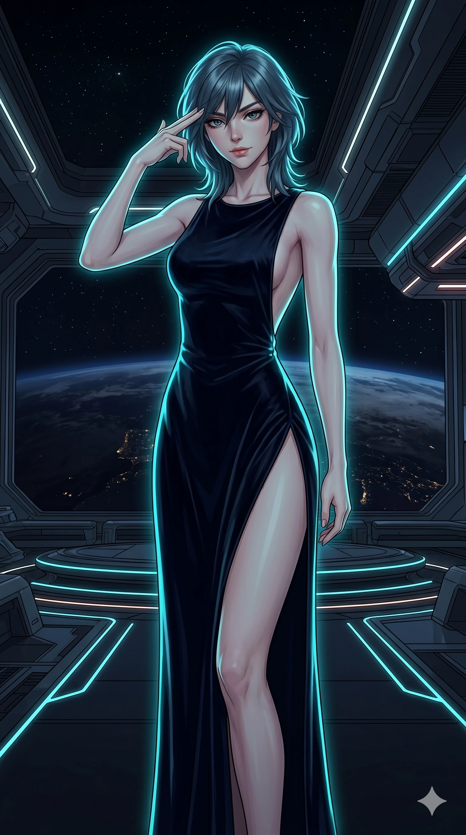 score_9, masterpiece, best quality, ultra-detailed, high-budget anime keyframe, editorial fashion photography, tasteful artistic composition, Caucasian woman, strictly human ears. cowboy shot from the thighs up, character and outfit filling the frame for maximum editorial presence. pressing two fingers to her temple, looking at the camera with a bored, condescending half-smile at a VIP lounge of an orbital space station overlooking the dark Earth (Scenario Code H-17). She has an absolutely perfect 8-heads proportion, an exceptionally tall and slender female figure with impossibly long slender legs and an ultra-slim waist. V-shaped jawline, high-bridge nose, intricate jewel-like eyes with depth, thick eyelashes, glossy lips with a natural sheen. wearing a floor-length dark velvet gown with a daring high side slit to the hip and a completely scooped open-back. lit by a pulsing neon cyan rim light that separates her silhouette from the dark background. 2k, ultra detail, master piece, 9:16 ratio