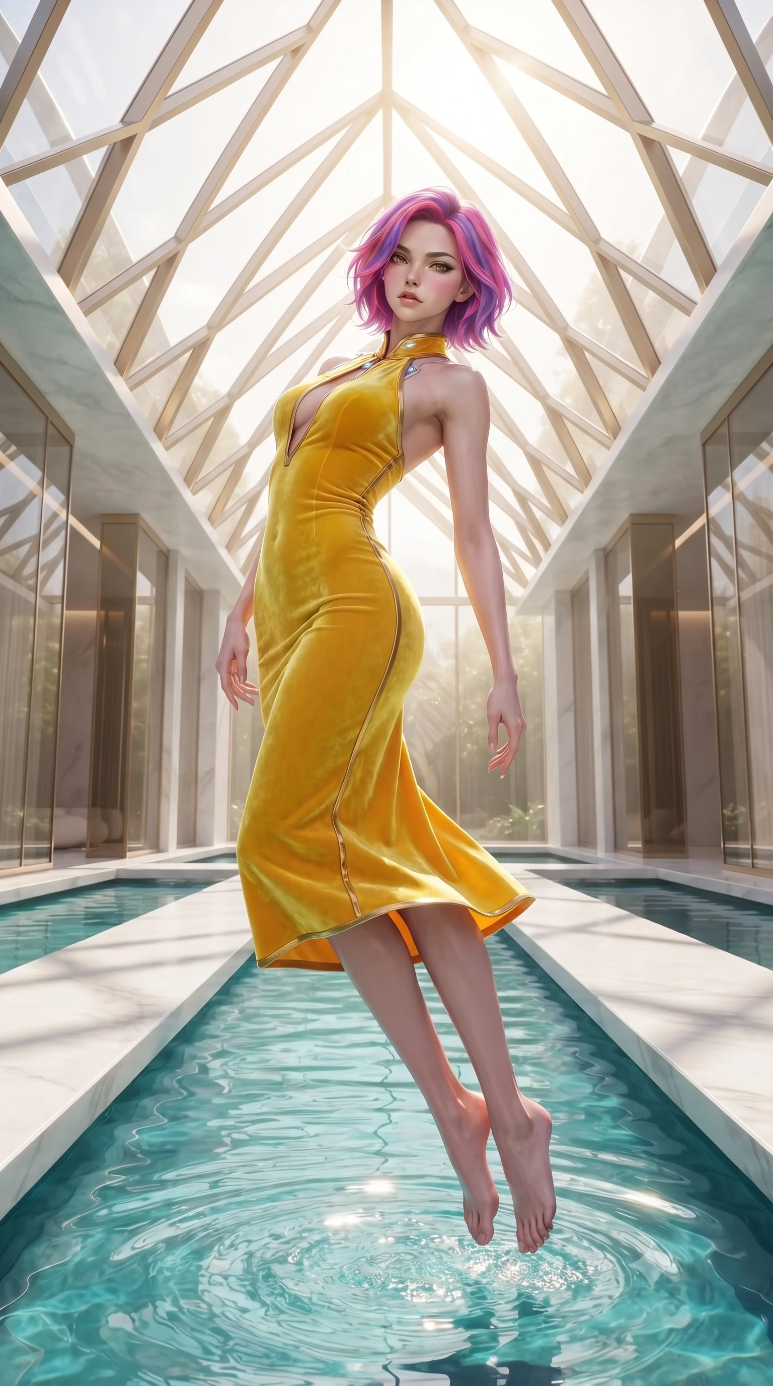 score_9, masterpiece, best quality, ultra-detailed, high-budget anime keyframe, editorial fashion photography, tasteful artistic composition, Caucasian woman. low angle full-body shot from head to toe showing her feet, filling the entire 9:16 vertical frame with her statuesque presence, stretching her vertical silhouette. performing an alluring mid-air vault with flawless poise, looking directly into the camera with smoldering intensity while arching her spine in a fluid motion beneath a soaring champagne glass canopy in radiant morning light. The surrounding environment is rendered in vivid detail and crisp panoramic clarity. crisp champagne glass panel geometries, clear turquoise water ripples, and polished white stone in deep focus. She has an absolutely perfect, statuesque 8.5-heads proportion, an exceptionally tall and slender model-like female figure with impossibly long slender legs, a toned flat midriff, and an ultra-slim waist. sharp v-shaped jawline, high-bridge nose, intricate jewel-like eyes with depth, thick eyelashes, glossy lips with a natural sheen, flawlessly proportioned anatomical accuracy, strict slender model proportions, natural body alignment, perfectly sculpted long slender limbs, ultra-slim waistline, clean dynamic posture without body distortion. wearing a velvet halter-neck midi dress fitting her statuesque contour flawlessly with a Tasteful chest slit and open spine in vibrant sunburst canary yellow and gold trim, made of smooth iridescent silk chiffon that shifts colors with movement, featuring a dangerously unzipped neckline framed by glowing cybernetic accents, the form-contouring material adhering flawlessly to her sculpted flat midriff and slender torso, emphasizing her long leg lines and perfectly proportioned willowy build. surrounded by an opulent, luminous, and enchantingly seductive contemporary pavilion ambiance. ultra-reflective glossy finish, specular highlights, metallic sheen, high-contrast stereoscopic depth, volumetric dynamic lighting, 2k, ultra detail, master piece, 9:16 ratio
