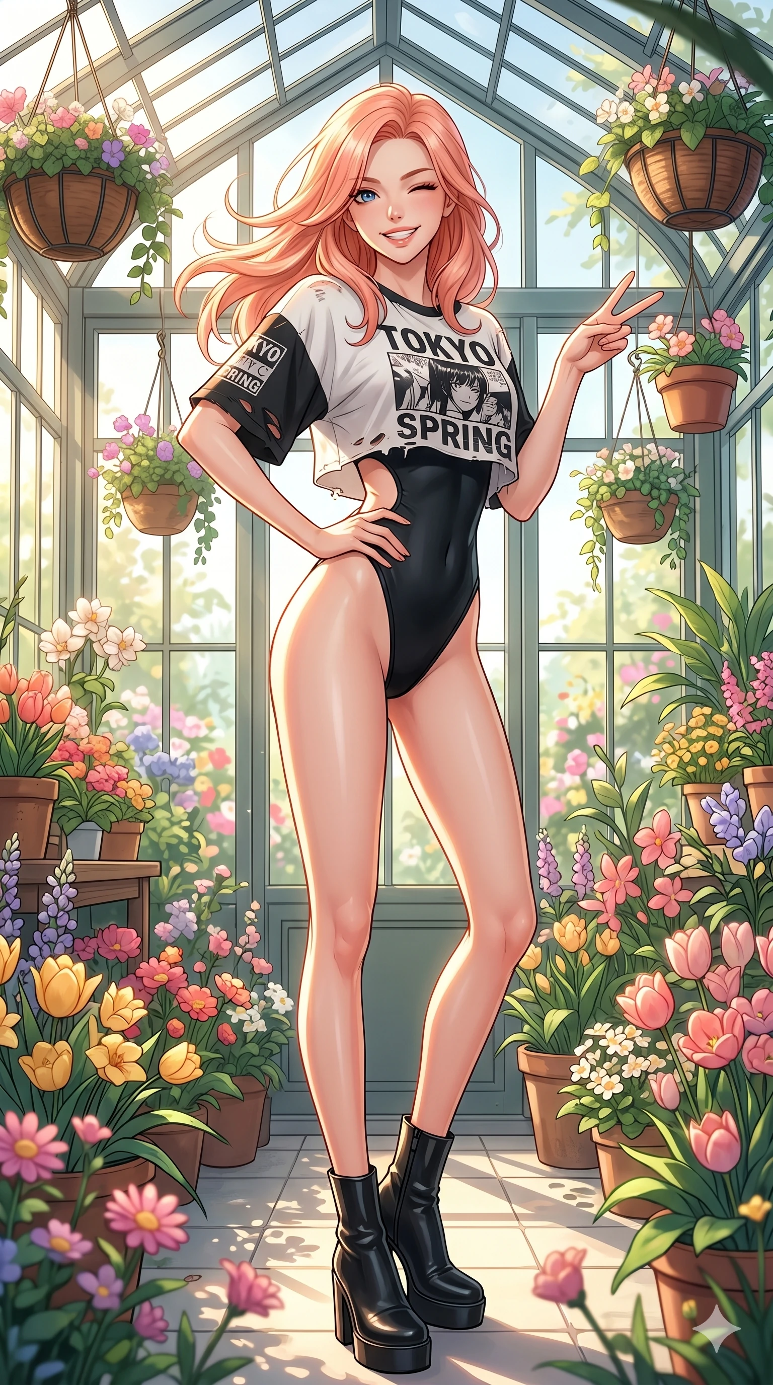 score_9, masterpiece, best quality, ultra-detailed, high-budget anime keyframe, vibrant anime aesthetic, Japanese woman. cowboy shot from the thighs up, character and outfit filling the frame for maximum presence. She is standing tall with a lively grin, winking playfully at the camera lens inside a spacious sunroom filled with spring flowers (Code-P20-066). She has an absolutely perfect 8-heads proportion, an exceptionally tall and slender female figure with impossibly long slender legs and an ultra-slim waist. V-shaped jawline, high-bridge nose, intricate jewel-like eyes with depth, thick eyelashes, glossy lips with a natural sheen. wearing a high-cut leg bodysuit under a crop top with exposed waist. She is drenched in warm morning sunshine filtering through the conservatory glass, tracing her bare skin. 2k, ultra detail, master piece, 9:16 ratio