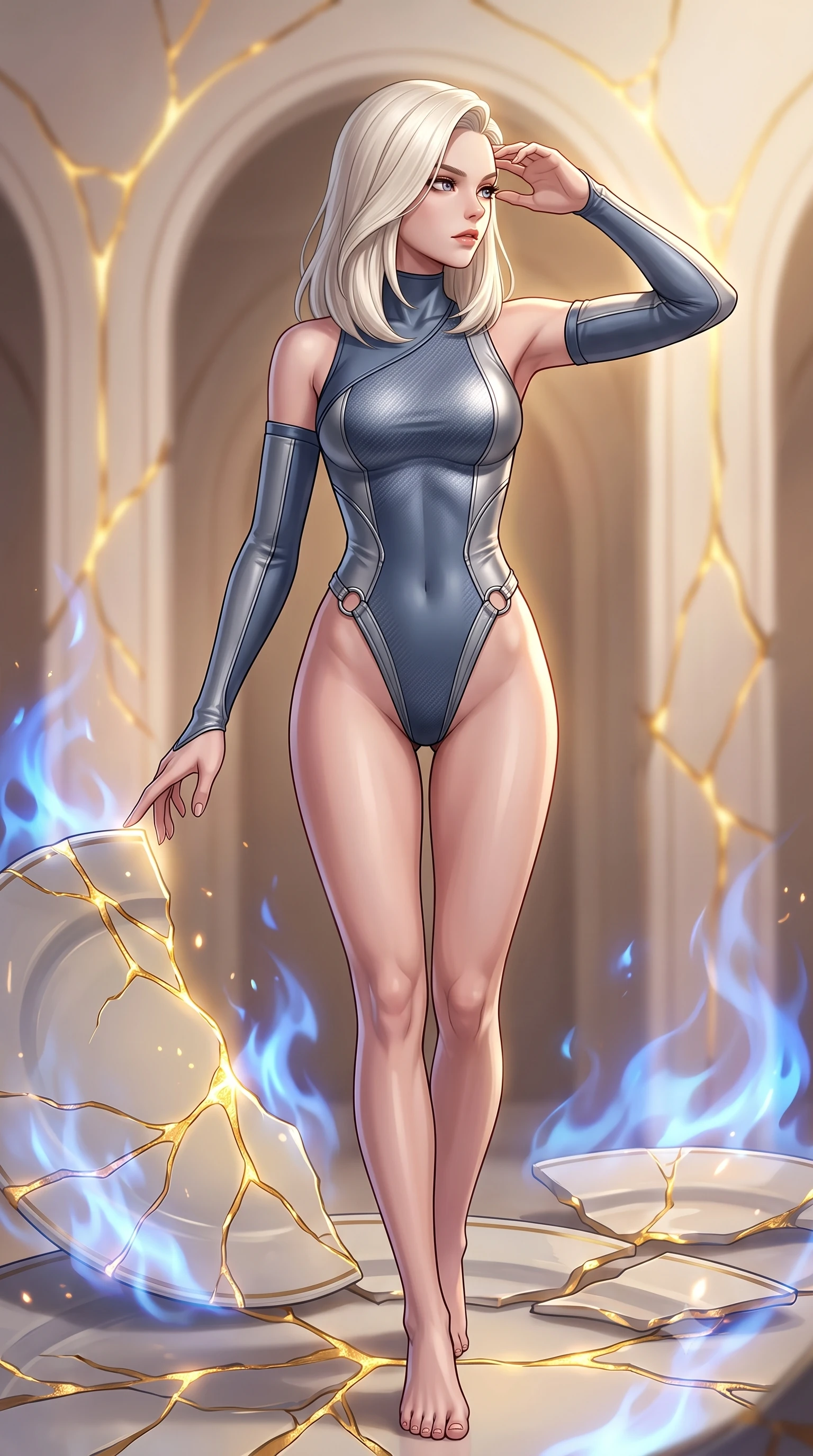 score_9, masterpiece, best quality, ultra-detailed, high-budget anime keyframe, editorial fashion photography, tasteful artistic composition, Caucasian woman. close-up cowboy shot from the waist and thighs up, the character dominates the composition, filling the frame with her large presence, background elements kept in soft focus. Resting her fingers gracefully near her temple, casting a sharp mysterious side-gaze during her stride while reaching her arm forward to touch a glowing gold kintsugi seam uniting broken ceramic plates, soft sapphire alchemy flames dancing around bisque porcelain architectural arches. She has an exceptionally elegant, slender, and willowy female figure with an ultra-slim waist, a gracefully sculpted slender torso, and a refined silhouette. sharp v-shaped jawline, high-bridge nose, intricate jewel-like eyes with depth, thick eyelashes, glossy lips with a natural sheen, flawlessly proportioned anatomical accuracy, natural body alignment, perfectly sculpted elegant limbs, clean dynamic posture without body distortion. wearing an asymmetrical high-cut tech-bodysuit with detached sleeves in slate blue and metallic silver, made of fine carbon-fiber weave and soft matte leather, accented with delicate chrome ring hardware framing her waist, the sleek second-skin texture accentuating her magnetic presence. bathed in radiant golden kintsugi light radiating from ceramic cracks. highly saturated vibrant anime colors, detailed shading with soft gradients, rich glossy textures, high-contrast stereoscopic depth, volumetric dynamic lighting, master piece, 9:16 ratio