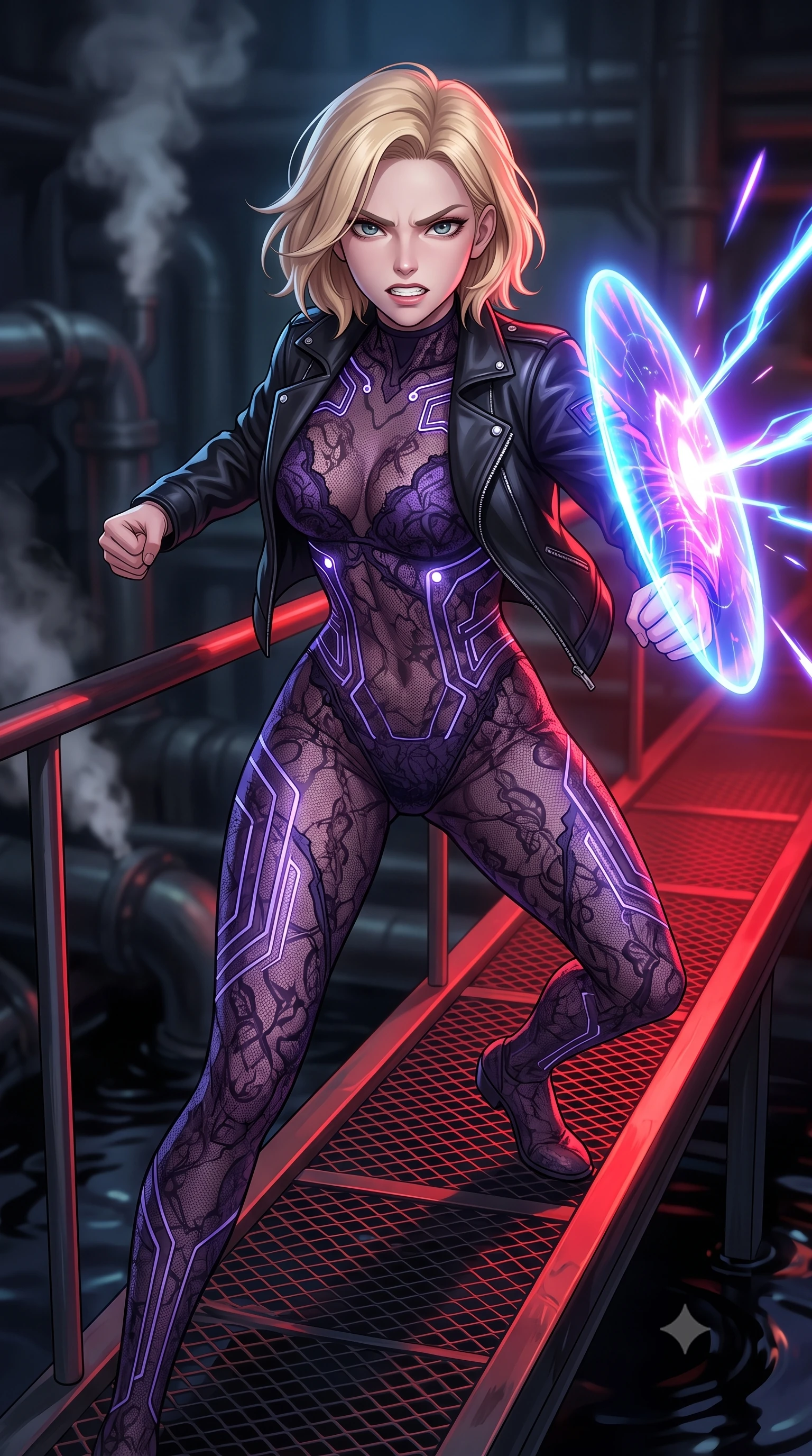 score_9, masterpiece, best quality, ultra-detailed, high-budget anime keyframe, editorial fashion photography, tasteful artistic composition, Caucasian woman, strictly human ears. close-up cowboy shot from the waist and thighs up, the character dominates the composition, filling the frame with her large presence, background elements kept in soft focus. Deflecting incoming plasma bolts with a glowing energy shield attached to her forearm, teeth grit in determination. set against a soft-focus background of a narrow steel catwalk suspended over a pool of dark machinery oil, hot steam escaping from industrial pipes. She has an exceptionally elegant and slender, willowy female figure with an ultra-slim waist, a gracefully sculpted slender torso, and a refined slim physique. sharp v-shaped jawline, high-bridge nose, intricate jewel-like eyes with depth, thick eyelashes, glossy lips with a natural sheen. wearing tailored for maximum mobility, sleek form-contouring panels that allow fluid movement, a form-contouring sheer dark violet lace catsuit with strategic glowing circuit patterns, layered under an open black leather flight jacket. highly saturated vibrant anime colors, intense vivid color palette, soft 3D volumetric shading, volumetric dynamic lighting, high-contrast red hazard lights sweeping the catwalk, creating dramatic shadows. 2k, ultra detail, master piece, 9:16 ratio