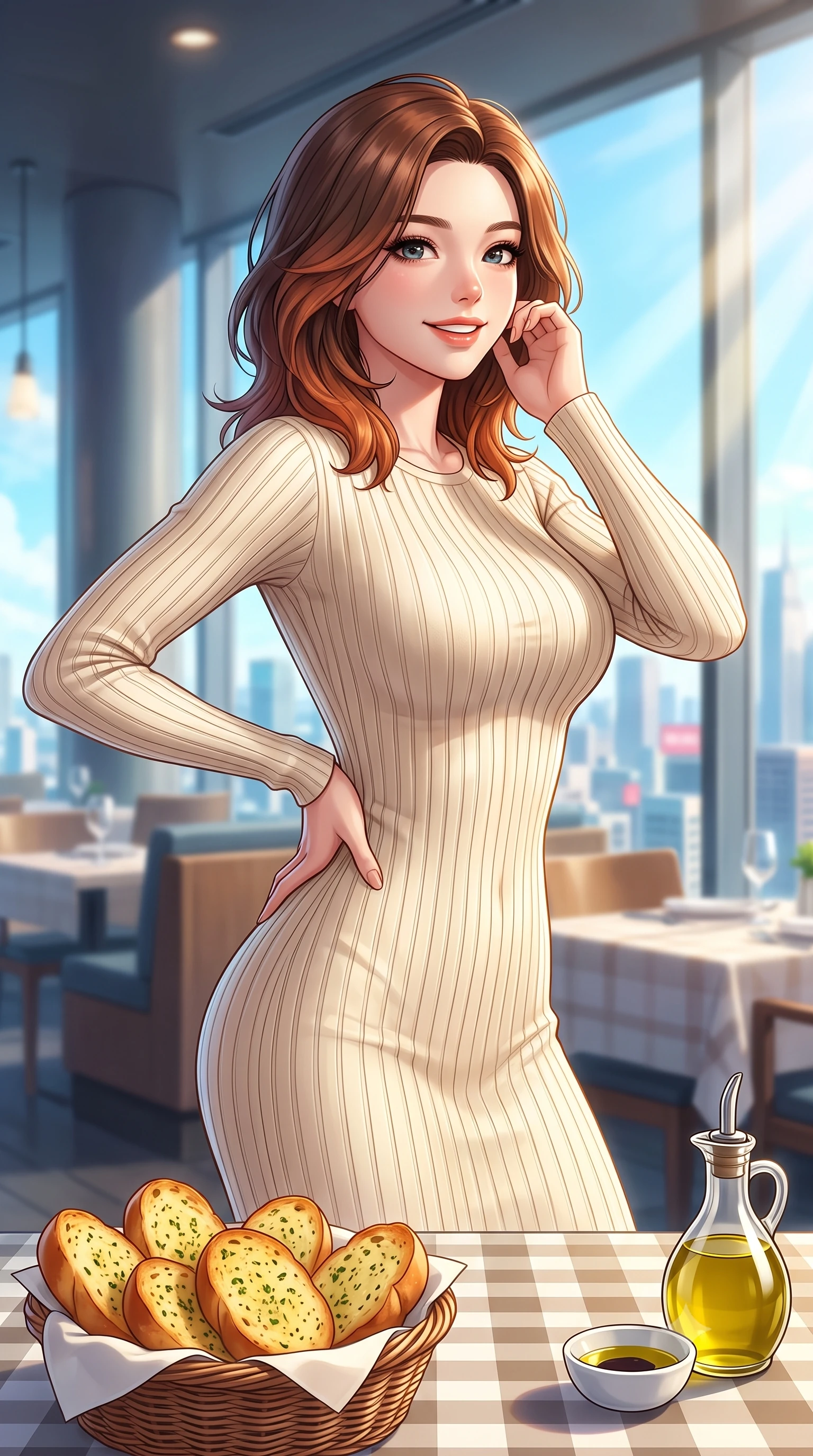 score_9, masterpiece, best quality, ultra-detailed, high-budget anime keyframe, editorial fashion photography, tasteful artistic composition, Korean woman. close-up cowboy shot from the waist and thighs up, the character dominates the composition, filling the frame with her large presence, background elements kept in soft focus. gazing past the camera with a happy, bright expression and a warm smile set against a soft-focus background of inside a modern rooftop restaurant overlooking a bright city skyline with a basket of warm garlic bread and olive oil on the checkered tablecloth. She has an exceptionally elegant, slender, and willowy female figure with an ultra-slim waist, a gracefully sculpted slender torso, and a refined silhouette. sharp v-shaped jawline, high-bridge nose, intricate jewel-like eyes with depth, thick eyelashes, glossy lips with a natural sheen. wearing body-hugging form-fitting ribbed knit dress in cream, contouring her slender silhouette. crisp morning sun rays creating a fresh and energetic breakfast atmosphere. highly saturated vibrant anime colors, detailed shading with soft gradients, rich glossy textures, high-contrast stereoscopic depth, volumetric dynamic lighting, master piece, 9:16 ratio