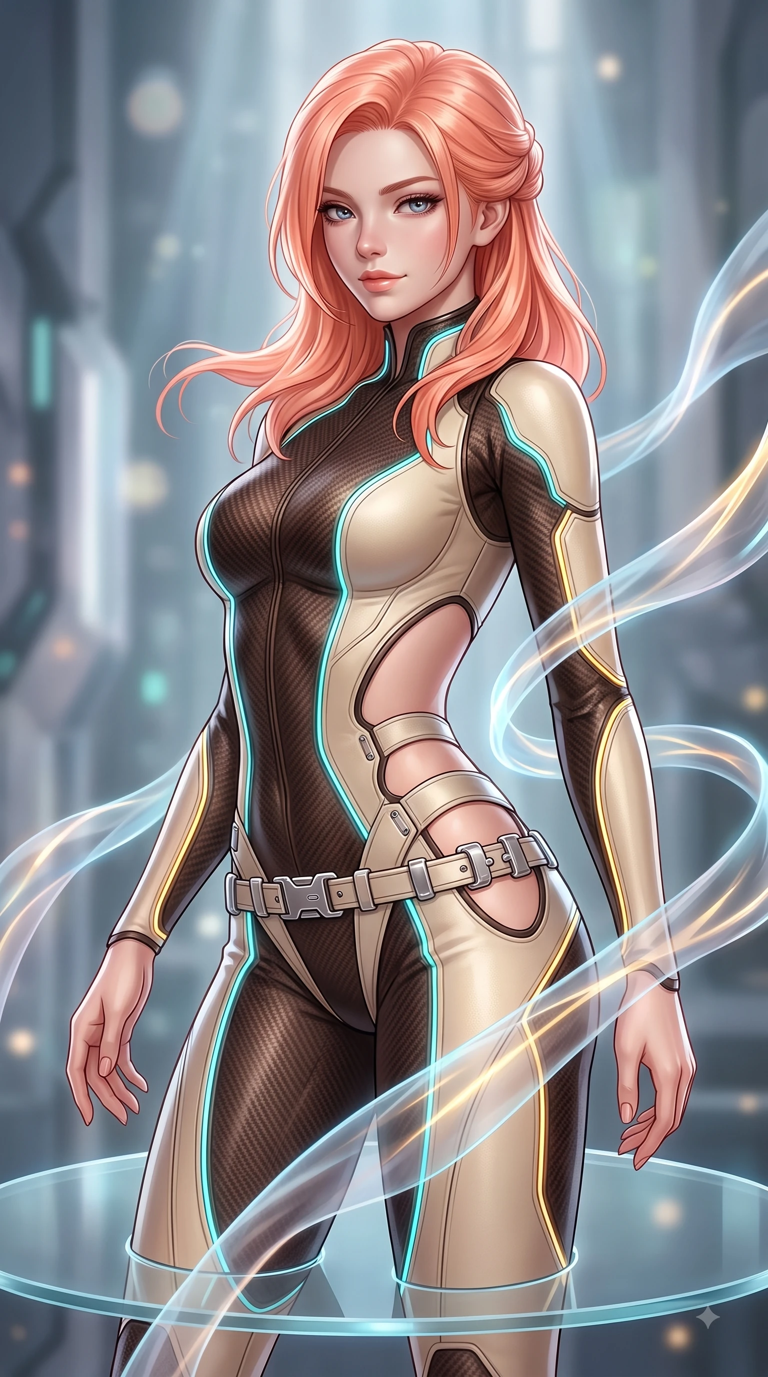 score_9, masterpiece, best quality, ultra-detailed, high-budget anime keyframe, editorial fashion photography, tasteful artistic composition, Japanese woman. close-up cowboy shot from the waist and thighs up, the character dominates the composition, filling the frame with her large presence, background elements kept in soft focus. Casting a seductive sidelong gaze over her bare shoulder with heavy lashes and a composed half-smile while pivoting her torso in an S-curve alignment on a floating glass disk inside a light matrix, translucent silk ribbons swirling around her body like light streams. She has an exceptionally elegant, slender, and willowy female figure with an ultra-slim waist, a gracefully sculpted slender torso, and a refined silhouette. sharp v-shaped jawline, high-bridge nose, intricate jewel-like eyes with depth, thick eyelashes, glossy lips with a natural sheen, flawlessly proportioned anatomical accuracy, natural body alignment, perfectly sculpted elegant limbs, clean dynamic posture without body distortion. wearing a skin-tight cybernetic bodysuit with glowing neon seams and side cutouts in espresso brown and warm cream, made of fine carbon-fiber weave and soft matte leather, detailed with polished silver buckles along the waistline, the glove-like fit emphasizing her statuesque silhouette during motion. illuminated by the brilliant glow of cyan and gold luminescent plasma threads. ultra-reflective glossy finish, specular highlights, metallic sheen, high-contrast stereoscopic depth, volumetric dynamic lighting, 2k, ultra detail, master piece, 9:16 ratio