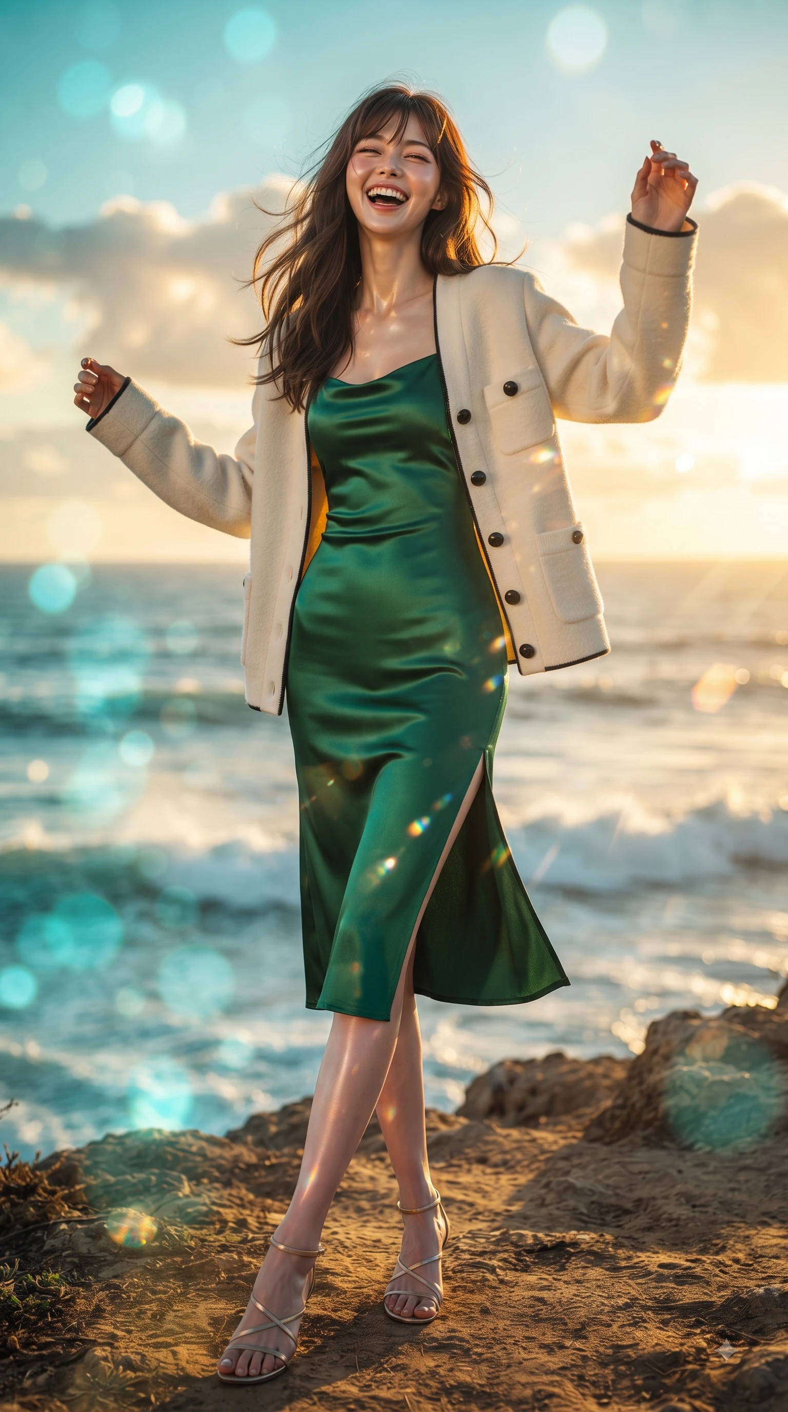 score_9, masterpiece, best quality, ultra-detailed, high-budget anime keyframe, editorial fashion photography, tasteful artistic composition, Korean woman. low angle full-body shot from head to toe showing her feet, filling the entire 9:16 vertical frame with her statuesque presence, stretching her vertical silhouette. Ecstatic joyful laughter with eyes crinkling in pure delight and vibrant energy filling her dynamic posture while standing dramatically on a seaside cliff edge as golden sunset light paints the crashing ocean waves. The composition keeps background elements in soft focus with dreamy bokeh. crashing ocean waves and glowing sunset clouds blurred into smooth turquoise and gold bokeh. She has an absolutely perfect, statuesque 8.5-heads proportion, an exceptionally tall and slender model-like female figure with impossibly long slender legs and an ultra-slim waist. sharp v-shaped jawline, high-bridge nose, intricate jewel-like eyes with depth, thick eyelashes, glossy lips with a natural sheen, flawlessly proportioned anatomical accuracy, natural body alignment, perfectly sculpted elegant limbs, clean dynamic posture without body distortion. wearing a rich emerald green satin slip dress layered under a plush cream cardigan in monochrome white and glossy black contrast, tailored from structured wool crepe with clean lines, finished with a sleek side slit ascending to mid-thigh, the form-contouring material accentuating her ultra-slim waist and long lines. bathed in glorious golden hour sunset backlighting and sparkling ocean refractions. ultra-reflective glossy finish, specular highlights, metallic sheen, high-contrast stereoscopic depth, volumetric dynamic lighting, 2k, ultra detail, master piece, 9:16 ratio