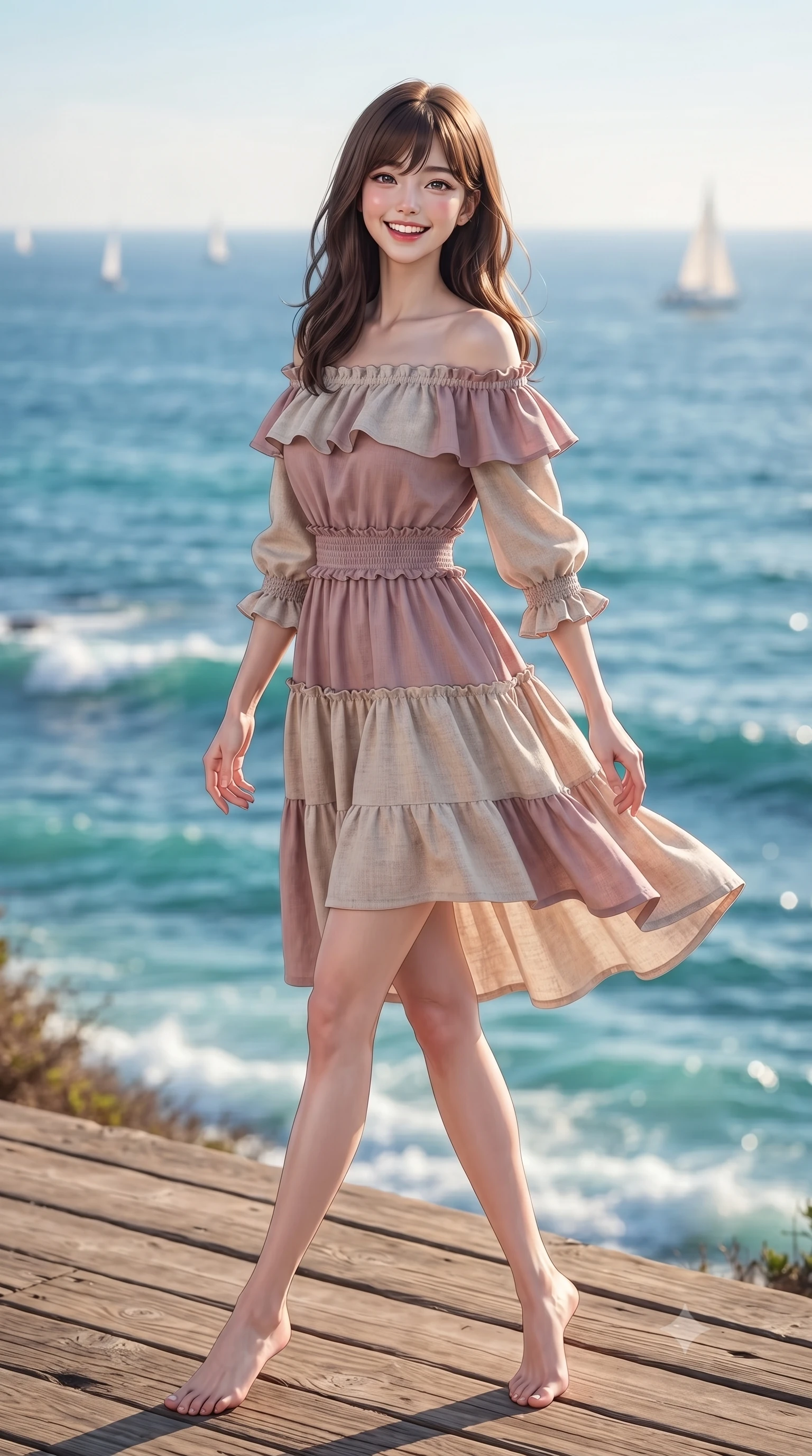 score_9, masterpiece, best quality, ultra-detailed, high-budget anime keyframe, editorial fashion photography, tasteful artistic composition, Korean woman. low angle full-body shot from head to toe showing her feet, filling the entire 9:16 vertical frame with her statuesque presence, stretching her vertical silhouette. pivoting dynamically with a fresh infectious smile, her ultra-slim waist and long slender legs creating a fluid graceful line while walking cheerfully along a scenic cliffside wooden promenade overlooking a dazzling sapphire and turquoise ocean. The composition keeps background elements in soft focus with creamy bokeh. sparkling turquoise ocean waves and distant white sailboat silhouettes blurred into clean marine blue and seafoam bokeh. She has an absolutely perfect, statuesque 8.5-heads proportion, an exceptionally tall and slender model-like female figure with impossibly long slender legs, a toned flat midriff, and an ultra-slim waist. sharp v-shaped jawline, high-bridge nose, intricate jewel-like eyes with depth, thick eyelashes, glossy lips with a natural sheen, pure and lovely fresh girlhood expression, flawlessly proportioned anatomical accuracy, strict slender model proportions, natural body alignment, perfectly sculpted long slender limbs, ultra-slim waistline, clean dynamic posture without body distortion. wearing a graceful off-shoulder cotton sundress with a ruffled neckline and tiered A-line skirt in soft dusty rose and oatmeal beige, crafted from soft breathable linen that flutters gently in the breeze, accented with soft smocked elastic details and ruffled cuff trims, the chic real-way fashion cut emphasizing her effortless charm, flat midriff, and slender model proportions. illuminated by crisp directional daylight defining her flawless features and slender silhouette. ultra-reflective glossy finish, specular highlights, rich natural textures, high-contrast stereoscopic depth, volumetric dynamic lighting, 2k, ultra detail, master piece, 9:16 ratio