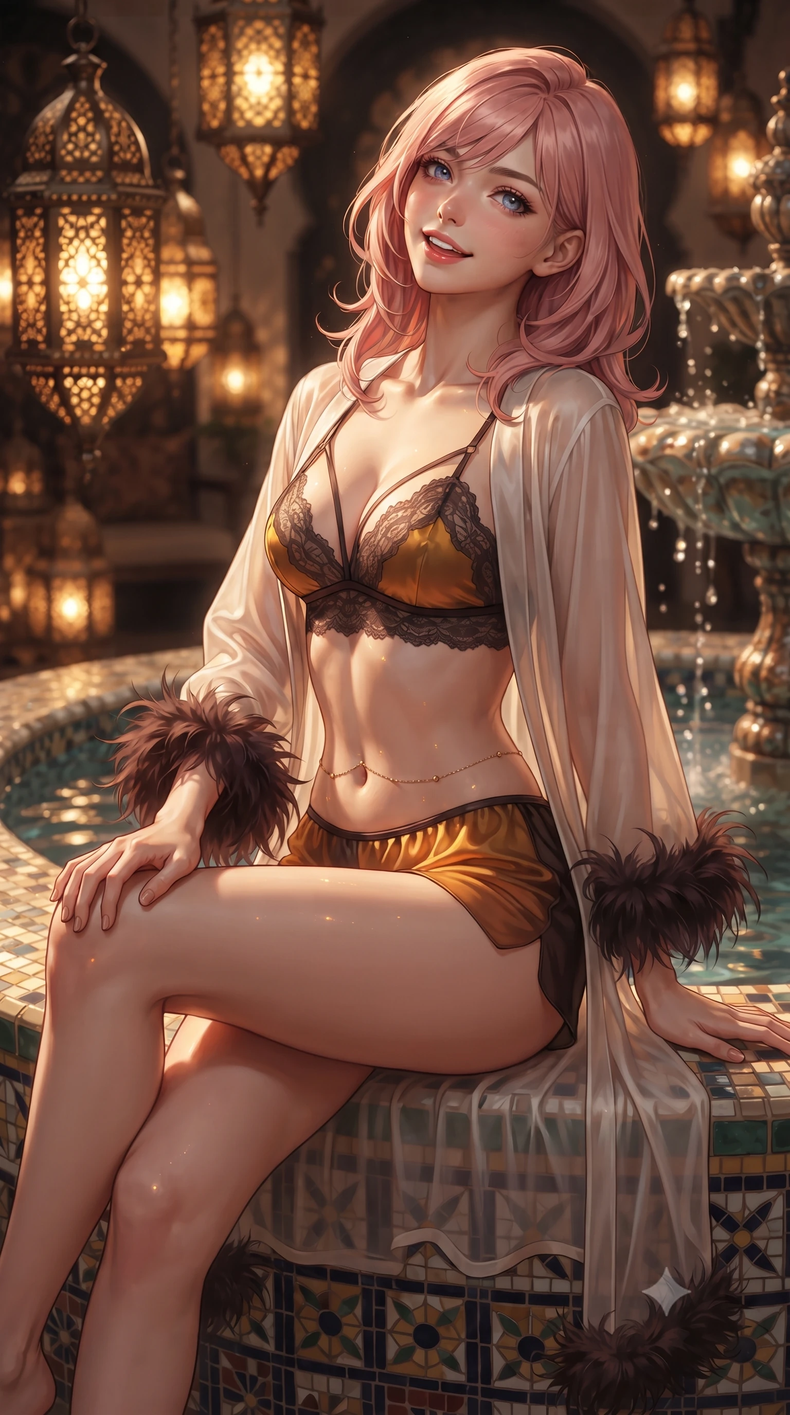 score_9, masterpiece, best quality, ultra-detailed, high-budget anime keyframe, editorial fashion photography, tasteful artistic composition, Japanese woman. close-up cowboy shot from the waist and thighs up, the character dominates the composition, filling the frame with her large presence. perched sideways on the lounge seat, one knee drawn up to showcase her slender leg line while her arched back accentuates her feminine hip curve while sitting perched on the tiled fountain edge with legs crossed, looking up with an enchanting, parted-lip smile. The background shows a soft-focus warm pierced brass lanterns softened in vintage Hollywood estate mystique shallow focus. She has an exceptionally elegant, slender, and willowy female figure with an ultra-slim waist, flat toned midriff, narrow ribcage, and sculpted feminine hips creating an alluring, slim hourglass silhouette without bulk. sharp v-shaped jawline, high-bridge nose, intricate jewel-like sparkling eyes with depth, thick eyelashes, glossy parted lips with a natural peach sheen, bright cheerful beaming smile with an enchanting and coquettish sensual glint, exuding both youthful cute charm and seductive allure, flawlessly proportioned anatomical accuracy, strict slender model proportions, natural body alignment, perfectly sculpted long slender limbs, ultra-slim waistline, clean dynamic posture without body distortion. wearing a delicate translucent silk boudoir robe with feather-trimmed cuffs worn open over a strappy lace bralette and micro-shorts in Hannam-dong glowing amber and rich dark espresso, made of fluid liquid jersey with seamless sculpting hold and smooth contours, accented with a dainty gold belly chain resting across her flat midriff and curving hips, the liquid-tight tailored fabric clinging flawlessly to her narrow waist and rounded feminine hips, emphasizing every millimeter of her sculpted slim hourglass curves without any bulky heaviness. illuminated by fountain water reflection bounce and warm amber-gold rim lights sculpting her features, flat midriff, and slender waist. ultra-reflective glossy finish, specular highlights, rich textural contrasts, high-contrast stereoscopic depth, volumetric dynamic lighting, 2k, ultra detail, master piece, 9:16 ratio