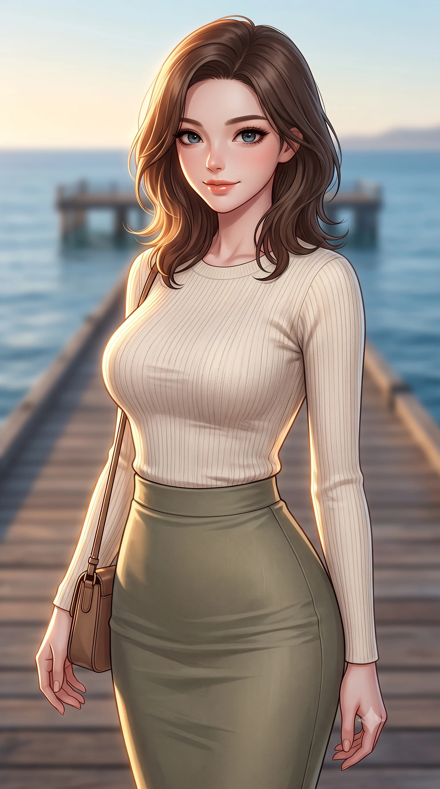 score_9, masterpiece, best quality, ultra-detailed, high-budget anime keyframe, editorial fashion photography, tasteful artistic composition, Korean woman woman. close-up cowboy shot from the waist and thighs up, the character dominates the composition, filling the frame with her large presence, background elements kept in soft focus. tilting her head slightly with a gentle, friendly smile under the warm sun the background shows a soft-focus the end of a long wooden pier stretching out into a calm blue ocean. She has an exceptionally elegant, slender, and willowy female figure with an ultra-slim waist, a gracefully sculpted slender torso, and a refined silhouette. sharp v-shaped jawline, high-bridge nose, intricate jewel-like eyes with depth, thick eyelashes, glossy lips with a natural sheen. wearing a body-hugging body-hugging knit top in cream paired with a form-fitting khaki pencil skirt. warm golden hour sunbeams tracing a soft glowing rim light along her figure. 2k, ultra detail, master piece, 9:16 ratio