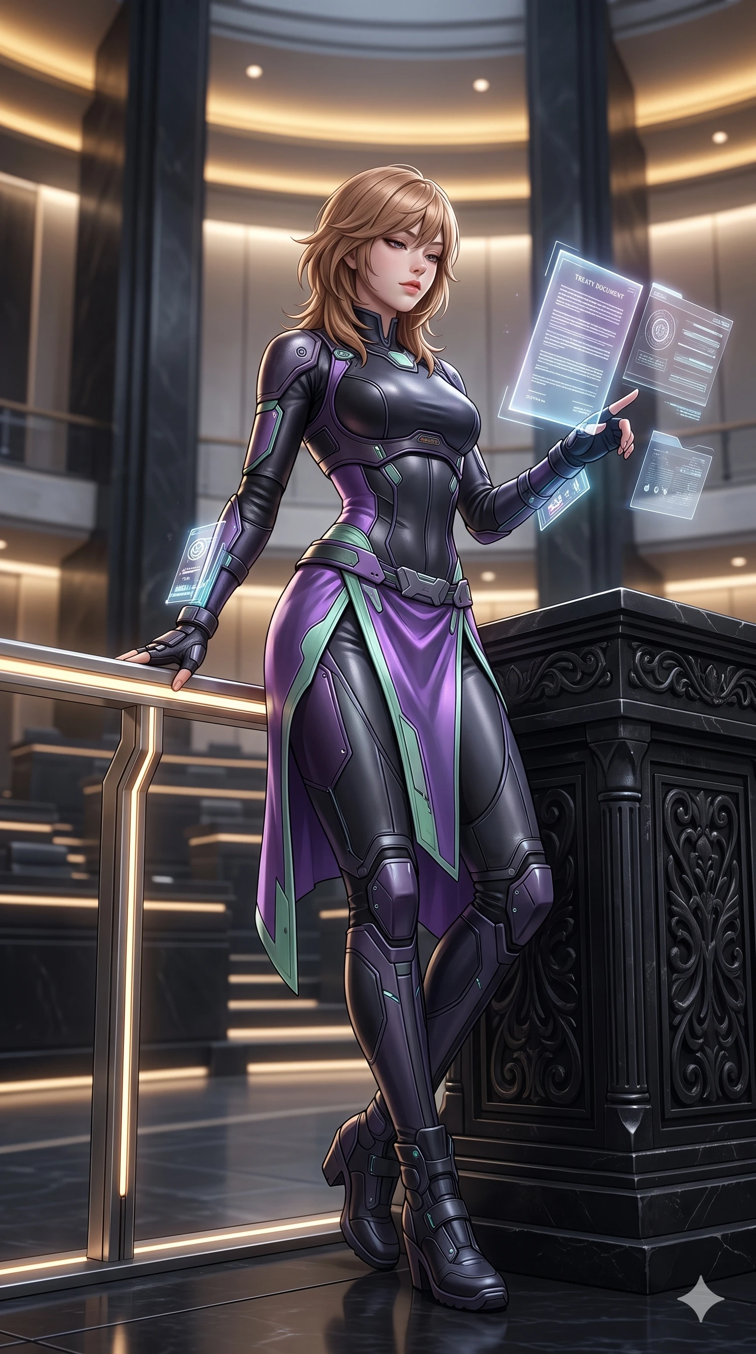 score_9, masterpiece, best quality, ultra-detailed, high-budget anime keyframe, semi-realistic 3D game render, editorial fashion photography, tasteful artistic composition, Korean woman. low angle full-body shot from head to toe showing her feet, filling the entire 9:16 vertical frame with her statuesque presence, stretching her vertical silhouette. standing in a tall, confident posture with one hand on a glowing metal railing, stretching her statuesque body as she arches her lower back to emphasize her sculpted feminine hips and slender waist while leaning against the carved black stone rostrum with hips cocked back, looking through floating luminous treaty documents with heavy-lidded seductive eyes. The background shows a soft-focus soaring minimalist black stone monoliths and recessed lighting strips softened in prestigious sci-fi senate shallow focus. She has an absolutely perfect, statuesque 8.5-heads proportion, an exceptionally tall and slender model-like female figure with impossibly long slender legs, an ultra-slim waist, a flat toned midriff, narrow delicate ribcage, and beautifully sculpted feminine hips creating a graceful, slim hourglass silhouette without any bulky heaviness. sharp v-shaped jawline, high-bridge nose, intricate jewel-like sparkling eyes with depth, thick eyelashes, glossy parted lips with a natural sheen, bright confident smile with an enchanting and coquettish sensual glint, exuding both youthful magnetic charm and sovereign high-tech allure, flawlessly proportioned anatomical accuracy, strict slender model proportions, natural body alignment, perfectly sculpted long slender limbs, ultra-slim waistline, clean dynamic posture without body distortion. wearing a cyber-samurai tactical suit featuring a shortened carbon chestplate and high-slit armored wrap skirt in phosphorescent ultraviolet amethyst and mint green, woven from buttery-soft stretch lambskin leather adhering to her body like a second skin, complemented by fingerless armored tactical gloves and a glowing holographic wrist terminal, the glove-like clinging cut tightly following the natural contour of her hips and long slender legs with youthful 8.5-heads elegance. bathed in the prestigious warm 2800K glow of recessed golden cove lighting mixed with crisp cold white crystal data projections. highly saturated vibrant anime colors, detailed shading with soft gradients, rich glossy textures, high-contrast stereoscopic depth, volumetric dynamic lighting, master piece, 9:16 ratio