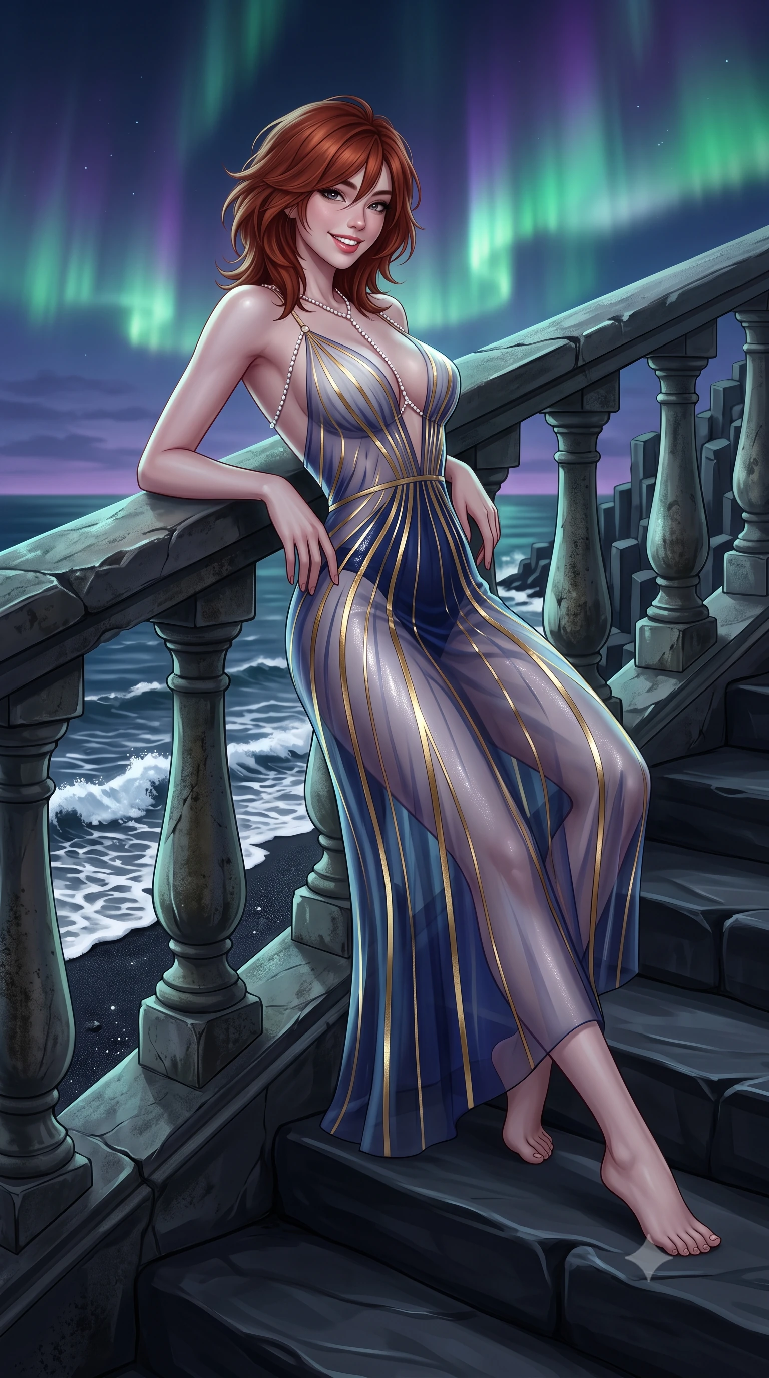 score_9, masterpiece, best quality, ultra-detailed, high-budget anime keyframe, editorial fashion photography, tasteful artistic composition, Korean woman. low angle full-body shot from head to toe showing her feet, filling the entire 9:16 vertical frame with her statuesque presence, stretching her vertical silhouette. leaning deep against the balcony balustrade with hips cocked back in an unapologetically alluring high-fashion stance, casting an intoxicating glance while reclining gracefully on the smooth basalt rock steps propped on one elbow with legs extended, displaying her long slender limbs and statuesque hourglass silhouette. The surrounding environment is rendered in vivid detail and crisp panoramic clarity: sharp hexagonal basalt prism edges, fine jet-black volcanic basalt sand granules, and foaming white wave foam crests in deep focus. She has an exceptionally tall and slender model-like 8.5-heads proportion, an ultra-slim waist, a flat toned midriff, narrow delicate ribcage, and beautifully sculpted feminine hips creating a graceful, slim hourglass silhouette without any bulky heaviness, with impossibly long slender legs. sharp v-shaped jawline, high-bridge nose, intricate jewel-like sparkling eyes with depth, thick eyelashes, glossy parted lips with a natural peach sheen, bright cheerful beaming smile with an enchanting and coquettish sensual glint, exuding both youthful cute charm and seductive allure, flawlessly proportioned anatomical accuracy, strict slender model proportions, natural body alignment, perfectly sculpted long slender limbs, ultra-slim waistline, clean dynamic posture without body distortion. wearing a plunge-front sheer illusion tulle slip dress with liquid gold ribbon stripes hugging her curves in Mount Fuji snow-peak white and midnight indigo silk, crafted from stretch micro-mesh with liquid foil coating that shimmers with every movement, accented with a pearl-drop body harness subtly framing her dewy collarbones and spine, the form-contouring silhouette accentuating her sculpted flat midriff, narrow delicate ribcage, and gracefully curvy hips with intoxicating allure. bathed in the ethereal 5200K phosphorescent green-and-violet illumination of active aurora borealis curtains mixed with twilight glow. ultra-reflective glossy finish, specular highlights, rich textural contrasts, high-contrast stereoscopic depth, volumetric dynamic lighting, 2k, ultra detail, master piece, 9:16 ratio