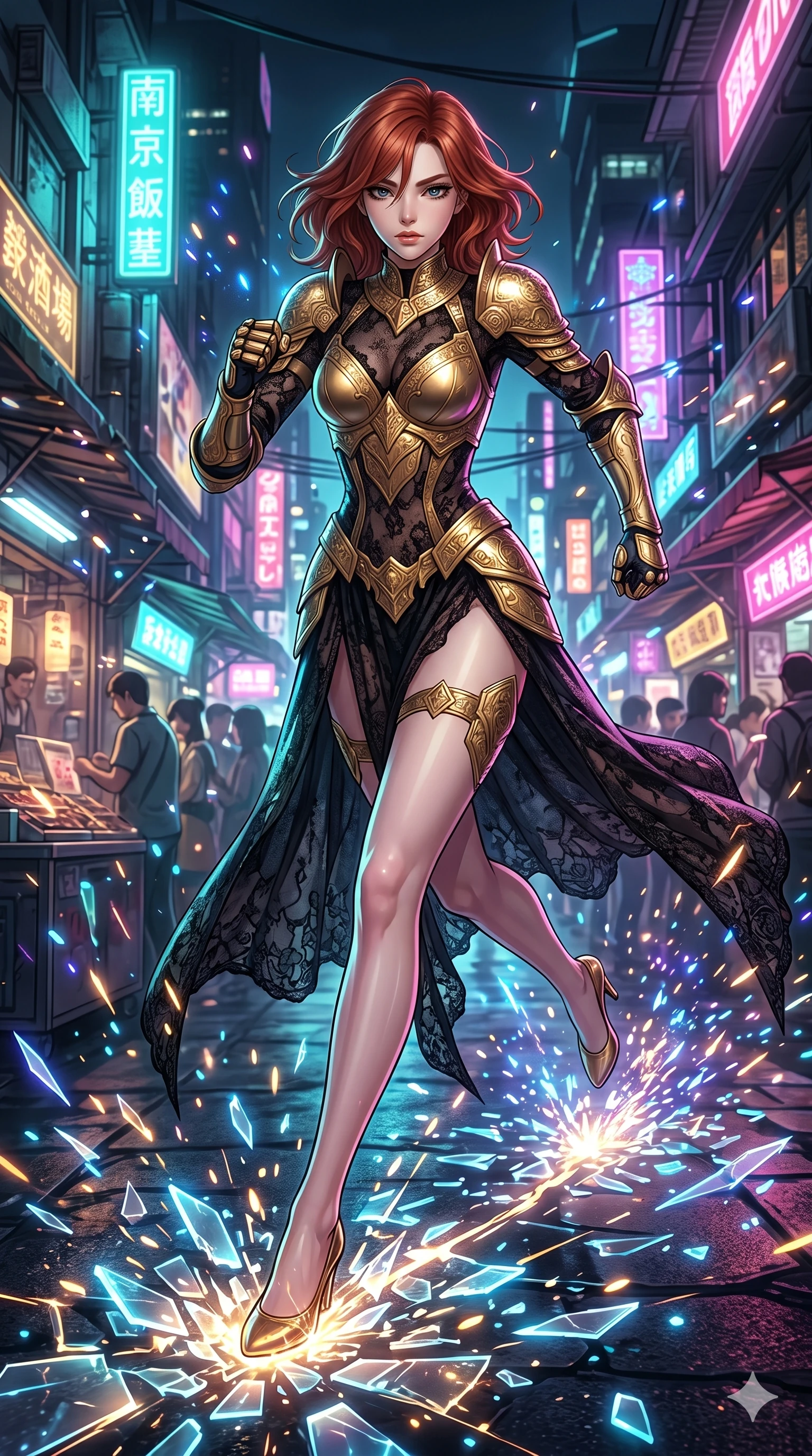 score_9, masterpiece, best quality, ultra-detailed, Set A: High-budget Anime Keyframe, Caucasian (strictly human ears) woman. Low angle cowboy shot filling the entire 9:16 frame with her statuesque presence. Sprinting through a futuristic night market, as the ground beneath her turns into 271 shards of light and surrounded by glowing energy sparks. She has an absolutely perfect 8-heads proportion, an exceptionally tall and slender female figure with impossibly long slender legs and an ultra-slim waist. Sharp v-shaped jawline, high-bridge nose, intricate jewel-like eyes with depth, thick eyelashes, glossy lips with a natural sheen. Wearing Ornate gold plate armor over a sheer black lace gown with a high-slit. Cinematic lighting, vibrant colors, dramatic shadows, 2k, ultra detail, master piece, 9:16 ratio