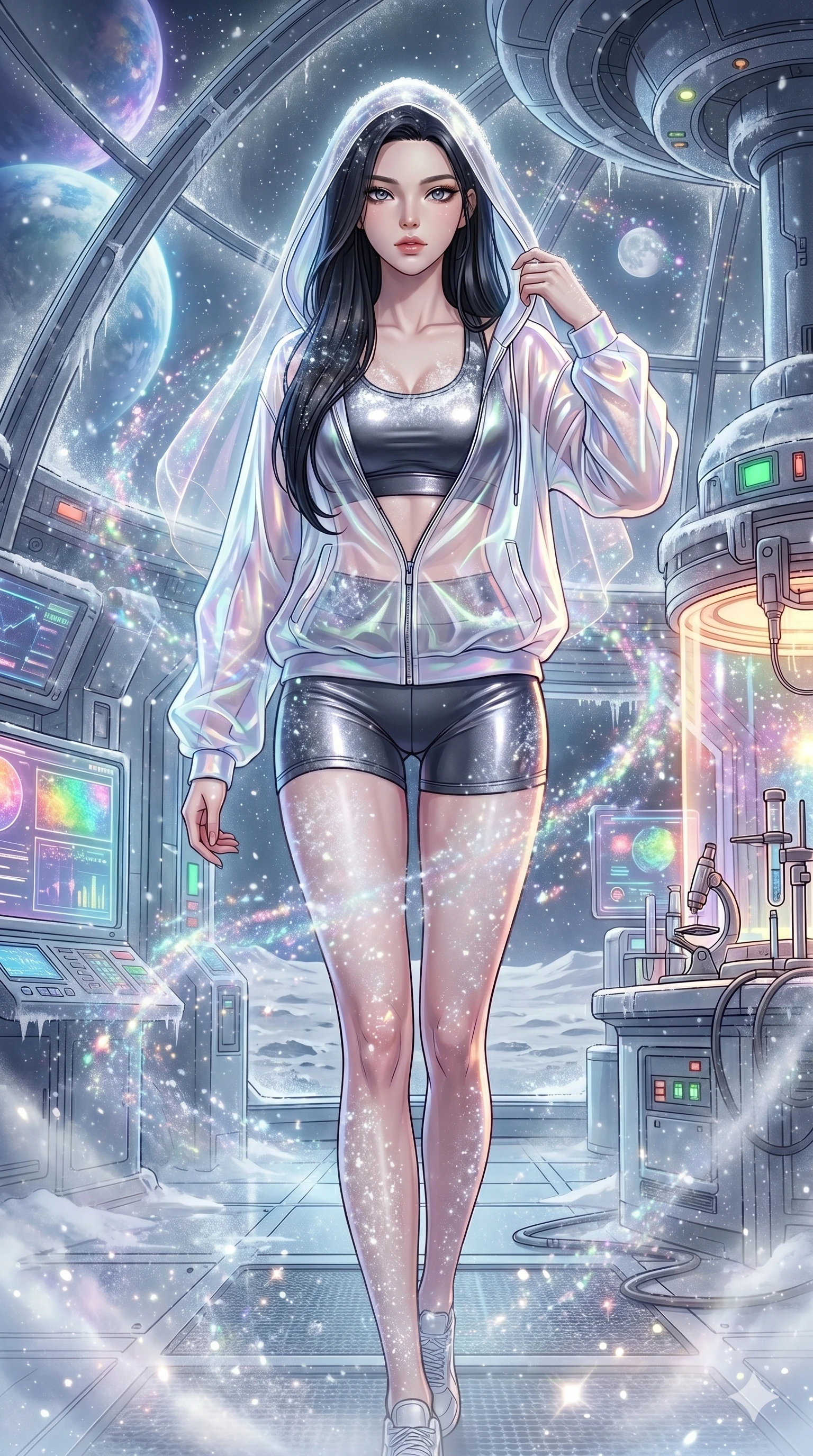 score_9, masterpiece, best quality, ultra-detailed, high-budget anime movie keyframe, cinematic anime lighting, intricate line art, Korean woman. Medium shot of upper body capturing the intricate details of her high-fashion attire. walking through a blizzard in a lunar observatory in a mist of stardust. She has an absolutely perfect 8-heads proportion, an exceptionally tall and slender female figure with an ultra-slim waist and impossibly long slender legs. sharp v-shaped jawline, high-bridge nose, intricate jewel-like eyes, thick eyelashes, glossy lips. Wearing premium athleisure set with a metallic-finish compression top, high-cut yoga shorts that accentuate her long legs, and a sheer oversized hoodie. The scene is illuminated by dramatic atmospheric lighting and vibrant color palettes. , 2k, ultra detail, master piece, 9:16 ratio