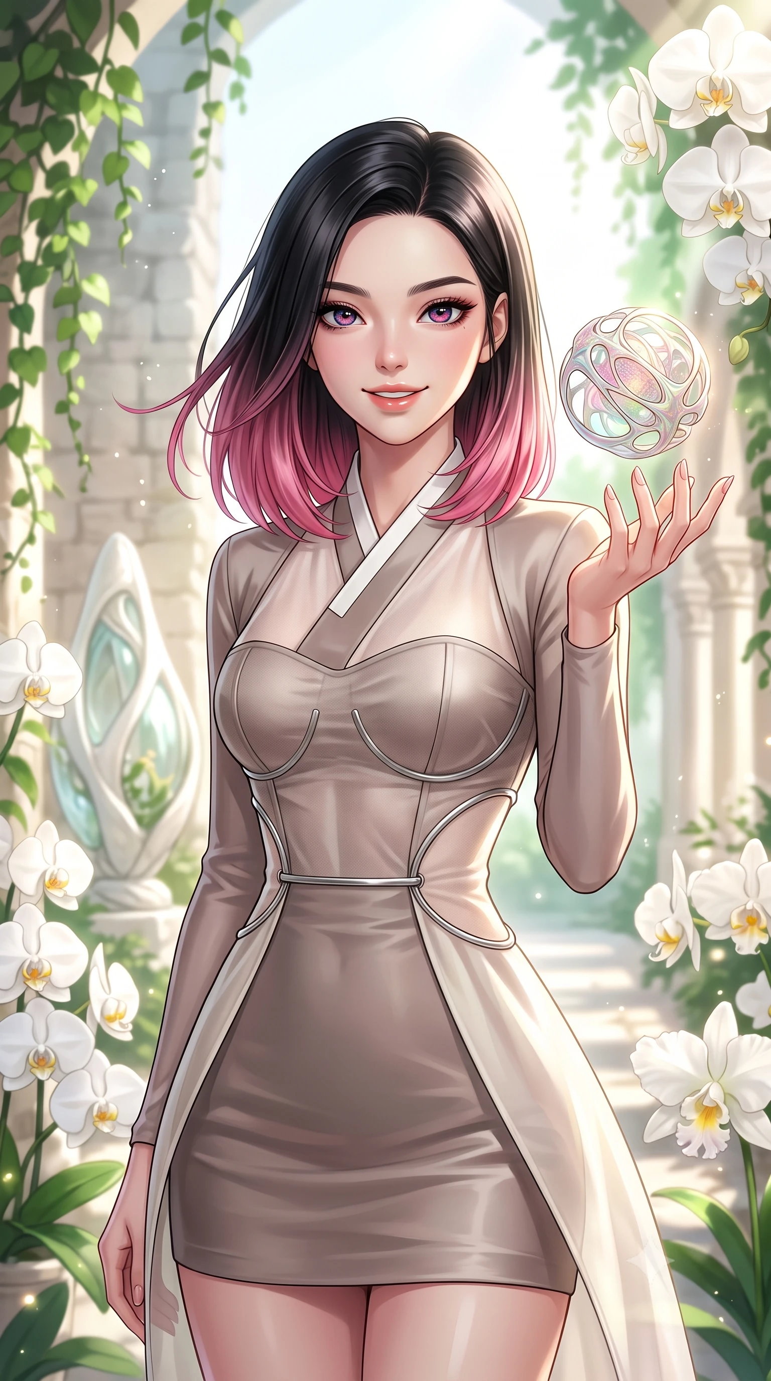 score_9, masterpiece, best quality, ultra-detailed, high-budget anime keyframe, editorial fashion photography, tasteful artistic composition, Korean woman. close-up cowboy shot from the waist and thighs up, the character dominates the composition, filling the frame with her large presence, background elements kept in soft focus. Smiling with quiet, magnetic self-assurance directly into the lens interacting with a floating biomorphic pollen orb in a sunlit sanctuary, lush green vines and white orchids framing the bright architectural backdrop. She has an exceptionally elegant, slender, and willowy female figure with an ultra-slim waist, a gracefully sculpted slender torso, and a refined silhouette. sharp v-shaped jawline, high-bridge nose, intricate jewel-like eyes with depth, thick eyelashes, glossy lips with a natural sheen. wearing a modern fusion silk hanbok dress with a structured bodice in muted taupe and soft ivory, woven from fine semi-opaque sheer organza, accented with delicate chrome ring hardware framing her waist, the glove-like fit emphasizing her statuesque silhouette. surrounded by a bright, airy ambiance with radiant white and green highlights. highly saturated vibrant anime colors, detailed shading with soft gradients, rich glossy textures, high-contrast stereoscopic depth, volumetric dynamic lighting, master piece, 9:16 ratio