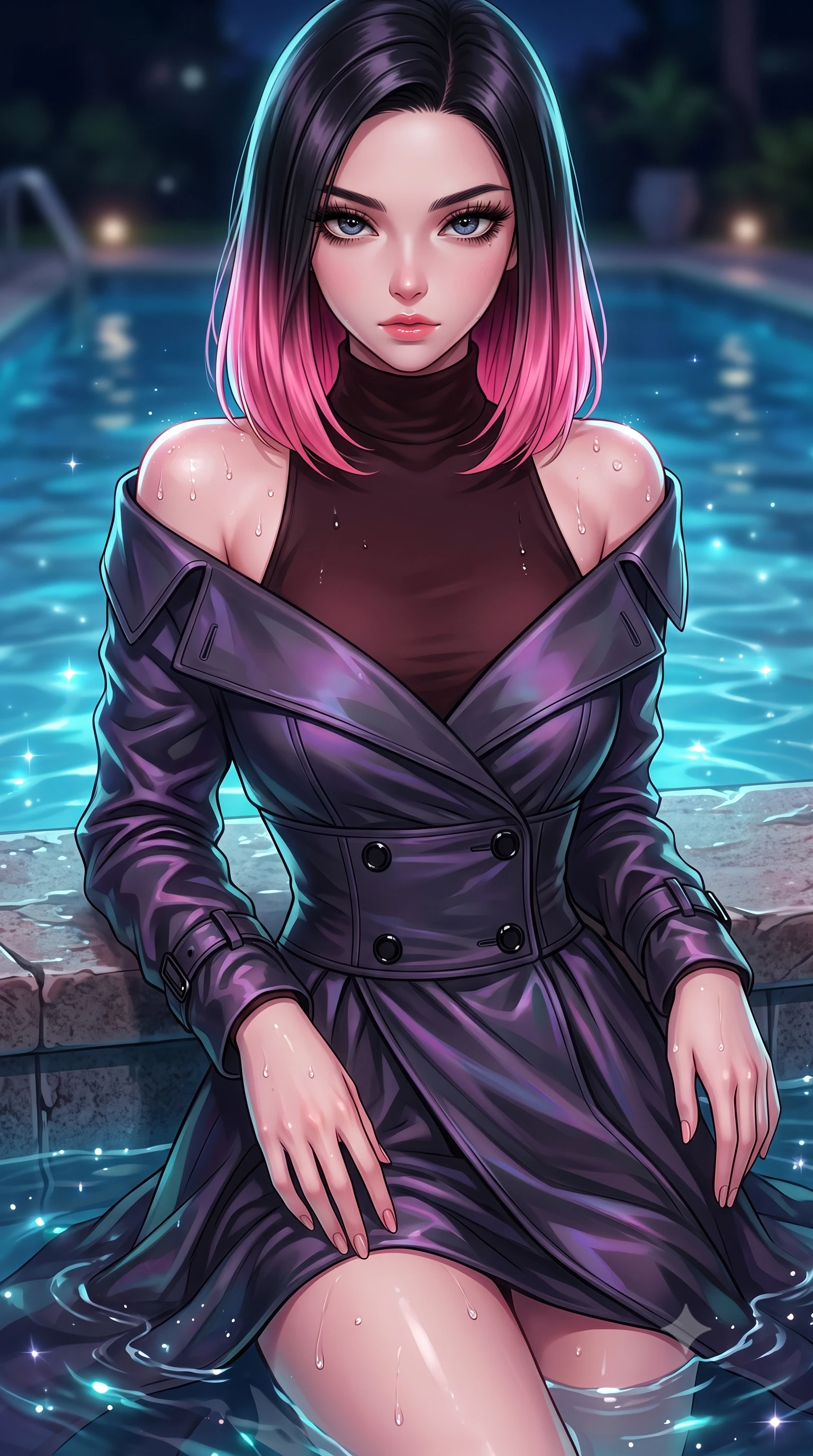 score_9, masterpiece, best quality, ultra-detailed, high-budget anime keyframe, editorial fashion photography, tasteful artistic composition, Korean woman. close-up cowboy shot from the waist and thighs up, the character dominates the composition, filling the frame with her large presence, background elements kept in soft focus. Casting a slow, direct gaze beneath heavy lashes with quiet intensity, resting against the submerged pool ledge as gentle water ripples catch starlight, glistening water dewdrops tracing her delicate bare shoulders and clavicle lines. She has an exceptionally elegant, slender, and willowy female figure with an ultra-slim waist, a gracefully sculpted slender torso, and a refined silhouette. sharp v-shaped jawline, high-bridge nose, intricate jewel-like eyes with depth, thick eyelashes, glossy lips with a natural sheen. wearing structured charcoal trench dress over sleek turtleneck in dark mahogany, made of iridescent dark violet taffeta, adorned with minimalist black onyx hardware framing the silhouette, following her slender form with tailored precision. surrounded by a moody nocturnal ambiance with glowing aqua water highlights. highly saturated vibrant anime colors, detailed shading with soft gradients, rich glossy textures, high-contrast stereoscopic depth, volumetric dynamic lighting, master piece, 9:16 ratio