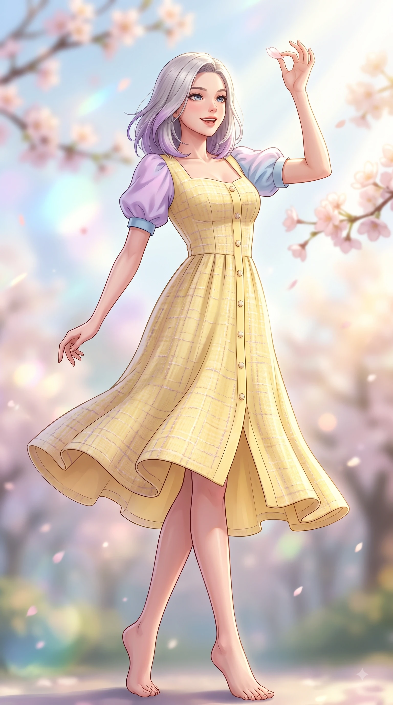 score_9, masterpiece, best quality, ultra-detailed, high-budget anime keyframe, editorial fashion photography, tasteful artistic composition, Caucasian woman. low angle full-body shot from head to toe showing her feet, filling the entire 9:16 vertical frame with her statuesque presence, stretching her vertical silhouette. performing a cheerful mid-motion turn with flawless poise, her radiant smile capturing fresh girlhood energy while reaching her hand up playfully to catch a floating blossom petal with a joyful expression. The composition keeps background elements in soft focus with dreamy bokeh. pastel spring sky refractions and flower branches blurred in smooth creamy depth. She has an absolutely perfect, statuesque 8.5-heads proportion, an exceptionally tall and slender model-like female figure with impossibly long slender legs and an ultra-slim waist. sharp v-shaped jawline, high-bridge nose, intricate jewel-like eyes with depth, thick eyelashes, glossy lips with a natural sheen, flawlessly proportioned anatomical accuracy, natural body alignment, perfectly sculpted elegant limbs, clean dynamic posture without body distortion. wearing a cheerful daffodil-yellow button-front midi dress with short puff sleeves in soft pastel lavender and sky blue, tailored from soft pastel tweed with subtle metallic thread, featuring elegant flutter sleeves and a graceful square neckline, the breezy lightweight fabric fluttering softly against her delicate frame. bathed in bright morning sunbeams and warm golden sakura backlighting. highly saturated vibrant anime colors, detailed shading with soft gradients, rich glossy textures, high-contrast stereoscopic depth, volumetric dynamic lighting, master piece, 9:16 ratio