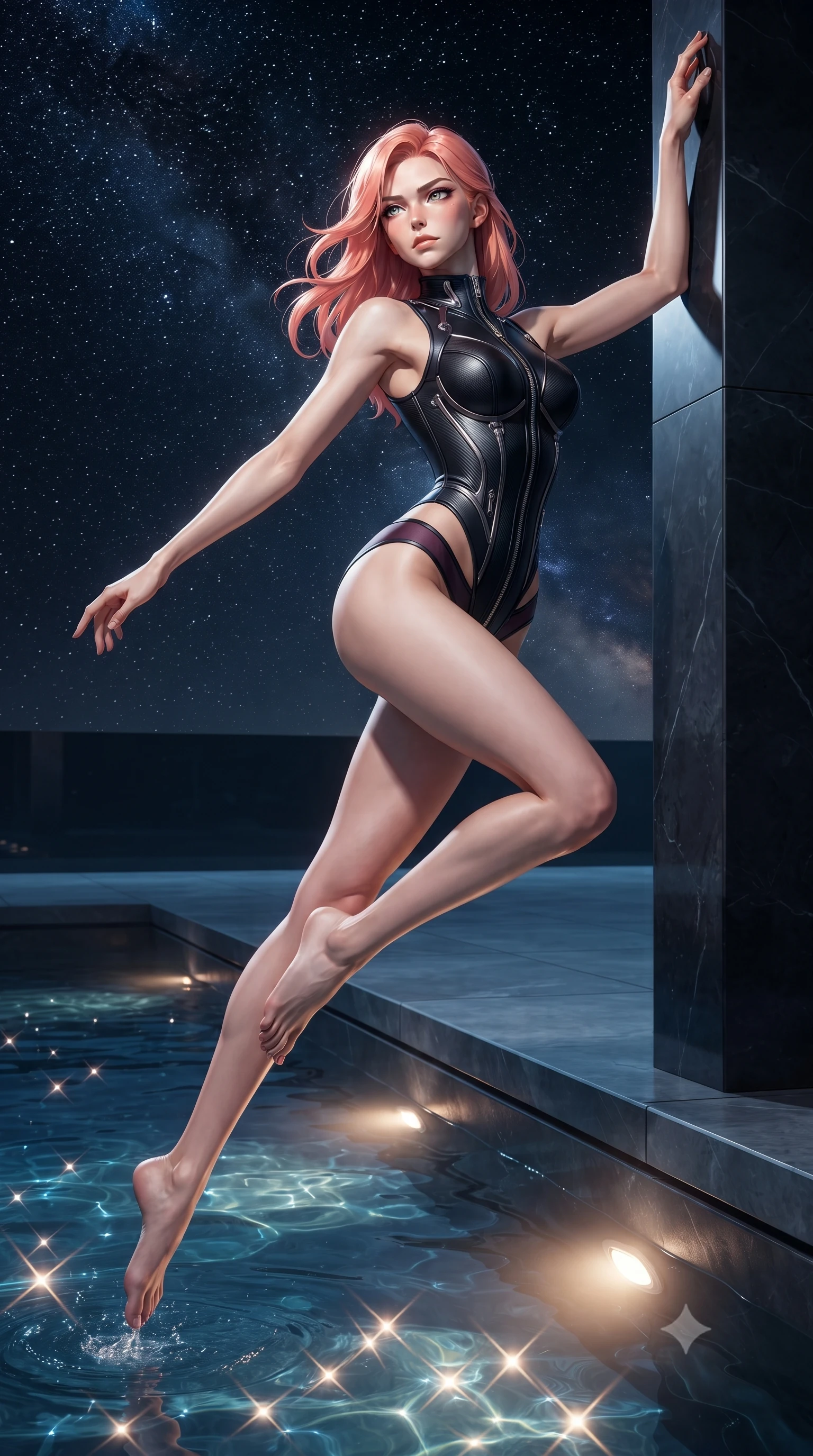 score_9, masterpiece, best quality, ultra-detailed, high-budget anime keyframe, editorial fashion photography, tasteful artistic composition, Japanese woman. low angle full-body shot from head to toe showing her feet, filling the entire 9:16 vertical frame with her statuesque presence, stretching her vertical silhouette. leaping dynamically through the starry space, her posture full of power and elegance, leaning against a polished basalt pool pillar as warm underwater lights glow, starlight reflections glinting dynamically on the crystal-clear pool surface. She has an absolutely perfect, statuesque 8.5-heads proportion, an exceptionally tall and slender model-like female figure with impossibly long slender legs and an ultra-slim waist. sharp v-shaped jawline, high-bridge nose, intricate jewel-like eyes with depth, thick eyelashes, glossy lips with a natural sheen. wearing sculpted structured cup bodysuit in matte black carbon-fiber with hip cutouts in dark plum violet, made of sculpted obsidian metallic chrome, finished with metallic silver boning and sleek zipper points, highlighting her statuesque proportions and ultra-slim waistline. bathed in dramatic chiaroscuro with sharp starlight rim rays tracing her silhouette. highly saturated vibrant anime colors, detailed shading with soft gradients, rich glossy textures, high-contrast stereoscopic depth, volumetric dynamic lighting, master piece, 9:16 ratio