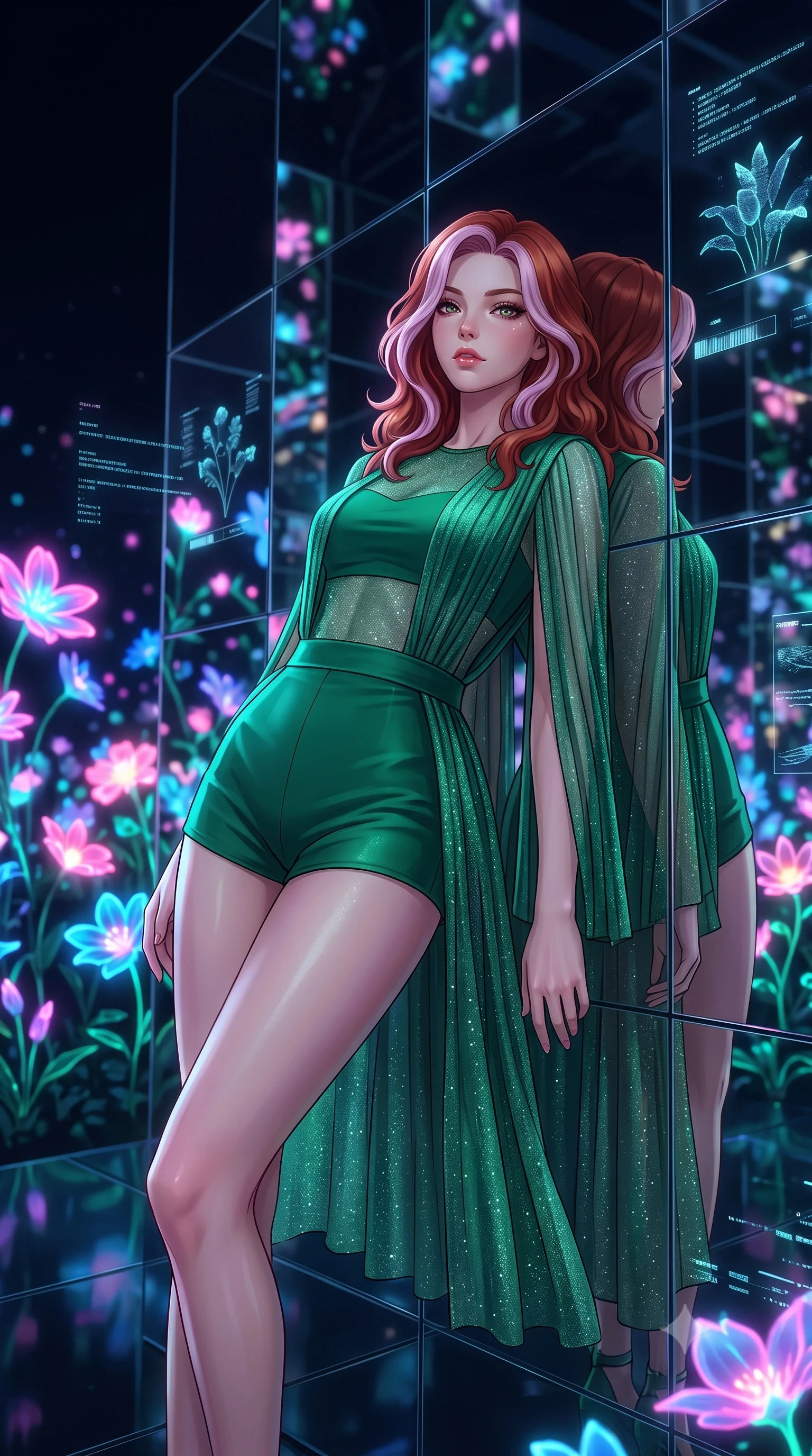 score_9, masterpiece, best quality, ultra-detailed, High-budget Anime Keyframe, Caucasian woman, strictly human ears. Low angle cowboy shot filling the entire 9:16 frame with her statuesque presence. Scenario 449: leaning back against a wall of virtual mirrors in a virtual garden where neon flowers bloom in the dark. Her presence is magnetic and overpowering in this high-budget anime scene. Outfit 449: a tailored emerald green shimmering chiffon bodysuit worn over an opaque crop top and high-waisted shorts. The clothing is designed to emphasize her exceptionally tall and slender 8-heads proportion. 8-heads proportion, towering silhouette, ultra-slim waist. sharp v-shaped jawline, intricate jewel-like eyes with depth, thick eyelashes, glossy lips. 2k, ultra detail, master piece, 9:16 ratio