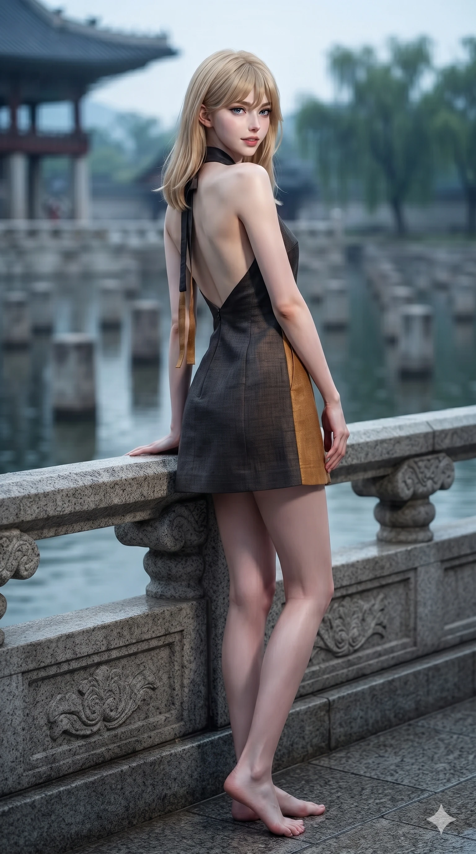 score_9, masterpiece, best quality, ultra-detailed, high-budget anime keyframe, editorial fashion photography, tasteful artistic composition, Japanese woman. low angle full-body shot from head to toe showing her feet, filling the entire 9:16 vertical frame with her statuesque presence, stretching her vertical silhouette. walking along the waterfront terrace with poise, looking back over her bare shoulder with an irresistible smoldering bedroom-gaze while leaning back against the carved granite balustrade with hips cocked back, casting an intoxicating, sultry bedroom-gaze over a bare shoulder. The background shows a soft-focus dozens of stone columns rising from the lake, curved palace eaves, and distant weeping willows blurred into indigo, terracotta, and silver bokeh. She has an absolutely perfect, statuesque 8.5-heads proportion, an exceptionally tall and slender model-like female figure with impossibly long slender legs, an ultra-slim waist, a flat toned midriff, narrow delicate ribcage, and beautifully sculpted feminine hips creating a graceful, slim hourglass silhouette without any bulky heaviness. sharp v-shaped jawline, high-bridge nose, sparkling eyes with hypnotic seductive depth, thick curled eyelashes, glossy parted lips with a natural dewy peach sheen, alluring bedroom-eyes with an enchanting coquettish smile, exuding magnetic siren charisma and sophisticated glamour, flawlessly proportioned anatomical accuracy, strict slender model proportions, natural body alignment, perfectly sculpted long slender limbs, ultra-slim waistline, clean dynamic posture without body distortion. wearing a structured minimalist hanbok wrap coat dress with clean geometric lines and a wide formal sash in smoked agarwood charcoal and warm honey amber, woven from bespoke Korean ramie fabric with crisp tactile slub texture, finished with long silk ribbon ties fluttering down her bare spine from a backless halter, the bespoke structured tailoring following the natural line of her 8.5-heads silhouette with refined elegance. bathed in brilliant 4000K moonbeams sweeping across open palace waters. ultra-reflective glossy finish, specular highlights, rich textural contrasts, high-contrast stereoscopic depth, volumetric dynamic lighting, 2k, ultra detail, master piece, 9:16 ratio