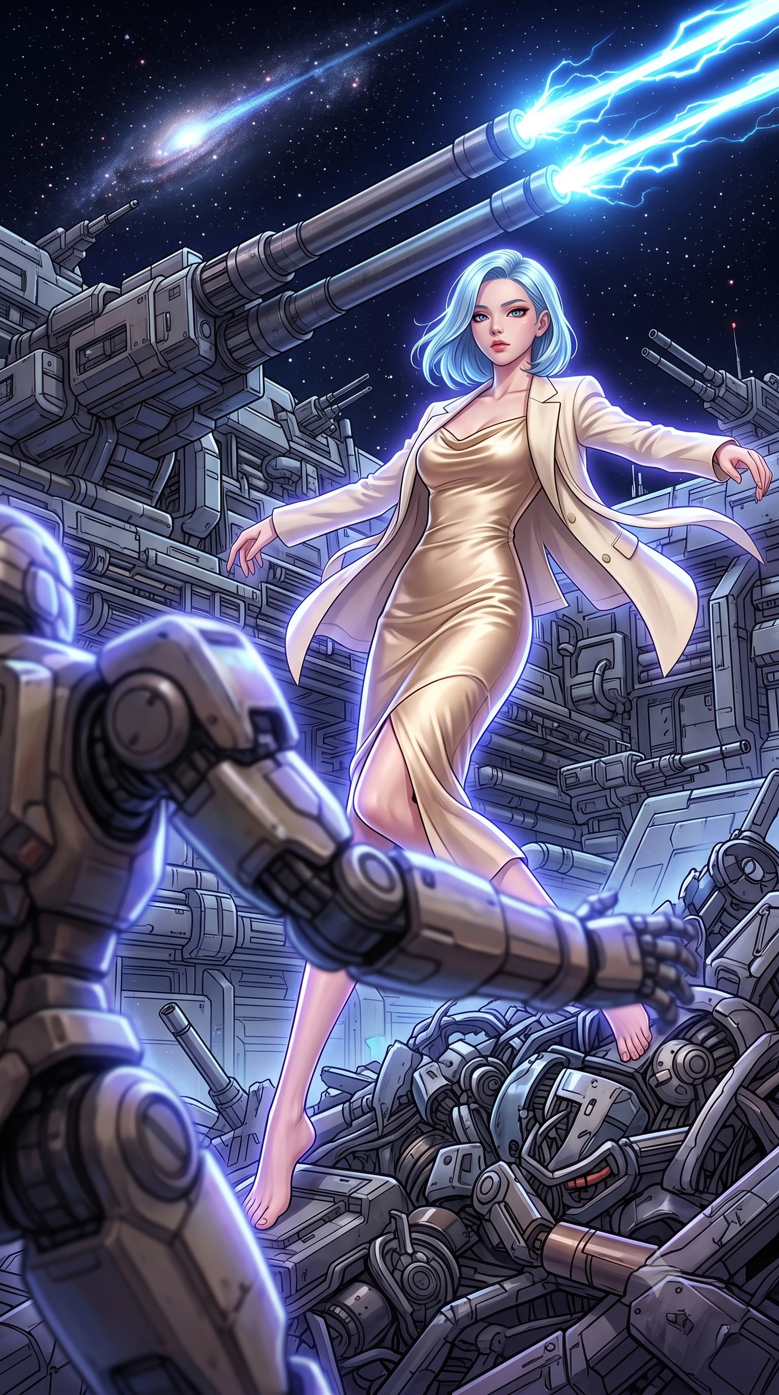 score_9, masterpiece, best quality, ultra-detailed, high-budget anime keyframe, editorial fashion photography, tasteful artistic composition, Korean woman. low angle full-body shot from head to toe showing her feet, filling the entire 9:16 vertical frame with her statuesque presence, stretching her vertical silhouette. acrobatically dodging a heavy mech's swipe by vaulting off a pile of cybernetic debris through beside a massive twin-barrel plasma cannon on the surface of a space station, firing bright blue bolts into space. She has a statuesque 8.5-heads proportion, an exceptionally tall, slender and willowy model-like build with impossibly long legs and a highly sculpted ultra-slim waist. sharp v-shaped jawline, high-bridge nose, intricate jewel-like eyes with depth, thick eyelashes, glossy lips with a natural sheen. wearing tailored for maximum mobility, sleek form-contouring panels that allow fluid movement, a slim-fit champagne gold cowl-neck satin slip dress that drapes and clings to her slender figure, layered with a cream linen blazer. highly saturated vibrant anime colors, intense vivid color palette, soft 3D volumetric shading, volumetric dynamic lighting, cool ethereal blue-violet bioluminescent glow wrapping around her from all sides. 2k, ultra detail, master piece, 9:16 ratio