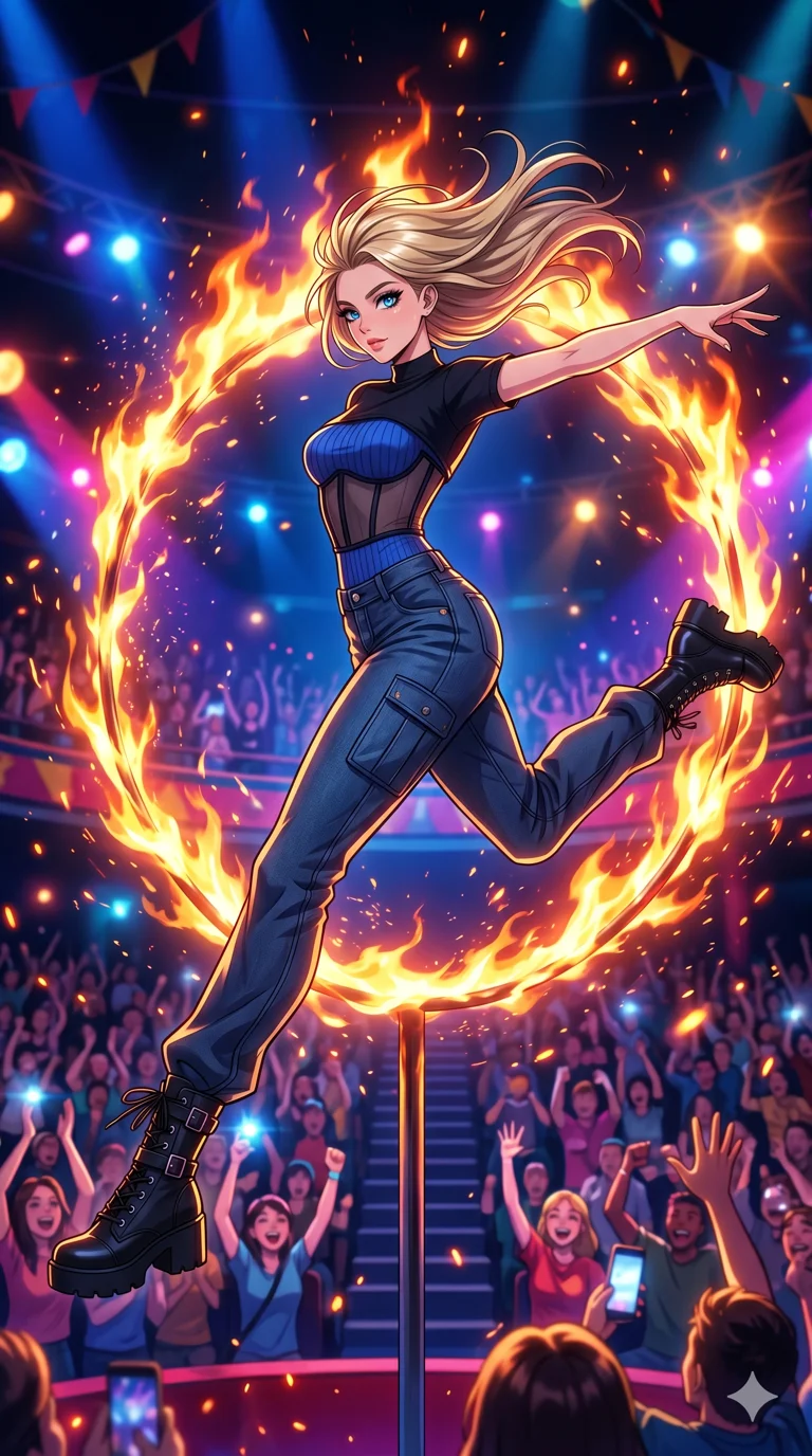score_9, masterpiece, best quality, ultra-detailed, High-budget Anime Keyframe, beautiful Caucasian anime girl (strictly human ears). Dynamic full-body shot stretching the vertical silhouette with her statuesque presence. Leaping through a ring of fire on a circus stage with cheering crowds and vibrant lights. She has an absolutely perfect 8-heads proportion, an exceptionally tall and slender female figure with impossibly long slender legs and an ultra-slim waist. Sharp v-shaped jawline, high-bridge nose, intricate jewel-like eyes with depth, thick eyelashes, glossy lips with a natural sheen. Wearing a Urban Trendsetter outfit: sapphire ribbed bodycon dress, crop top with high-waist denim, sheer corset with cargo pants. Background is a bright and colorful environment with cinematic lighting, dynamic particle effects, and high-contrast shadows. 2k, ultra detail, master piece, 9:16 ratio