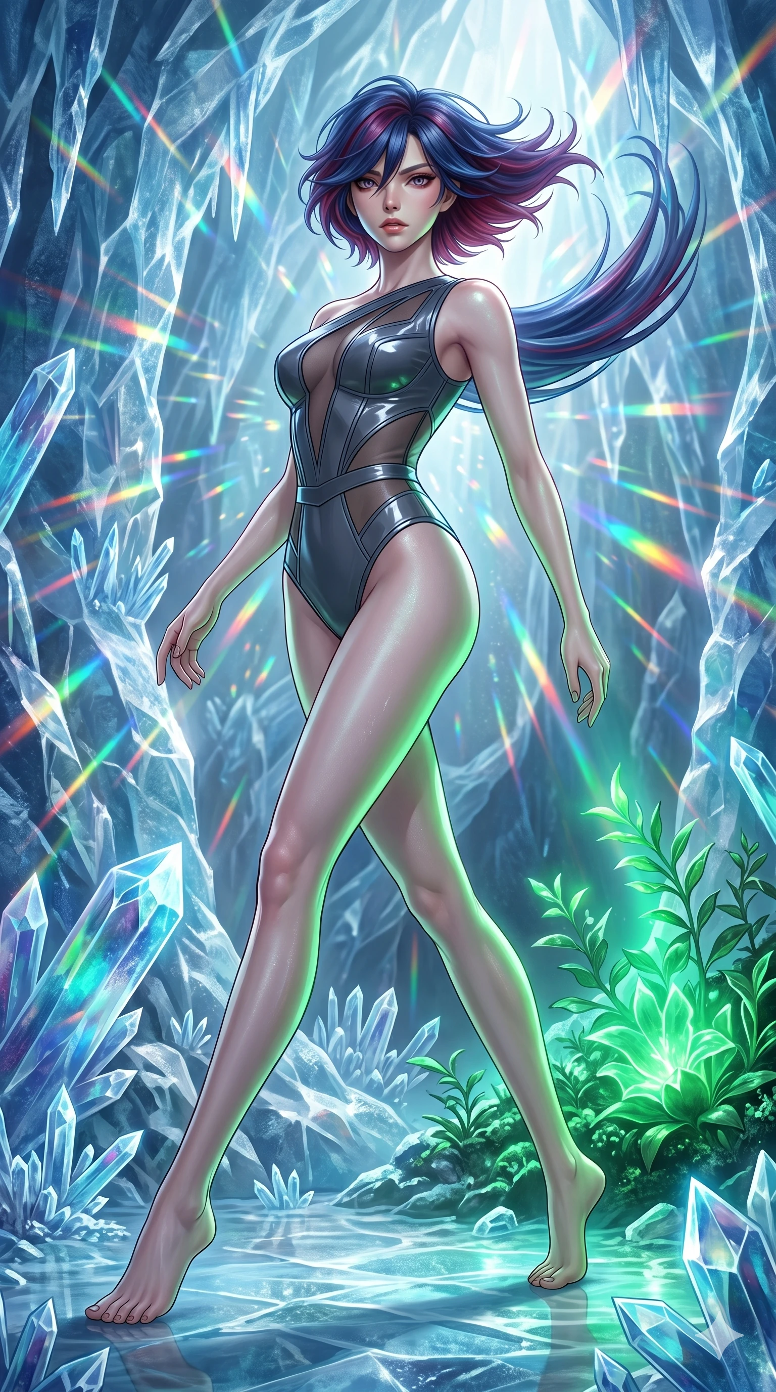 score_9, masterpiece, best quality, ultra-detailed, high-budget anime keyframe, editorial fashion photography, tasteful artistic composition, Korean woman. low angle full-body shot from head to toe showing her feet, filling the entire 9:16 vertical frame with her statuesque presence, stretching her vertical silhouette. Pivoting sharply mid-step with her hair sweeping in a dramatic arc behind her, caught in fluid motion inside a cave of ice crystals where sunlight is refracted into thousands of beams. She has an absolutely perfect 8-heads proportion, an exceptionally tall and slender female figure with impossibly long slender legs and an ultra-slim waist. V-shaped jawline, high-bridge nose, intricate jewel-like eyes with depth, thick eyelashes, glossy lips with a natural sheen. wearing an asymmetric structured bodysuit in deep charcoal with a glossy vinyl overlay and sheer mesh inserts. bathed in a luminous emerald glow from nearby plants, highlighting her skin with natural light. 2k, ultra detail, master piece, 9:16 ratio