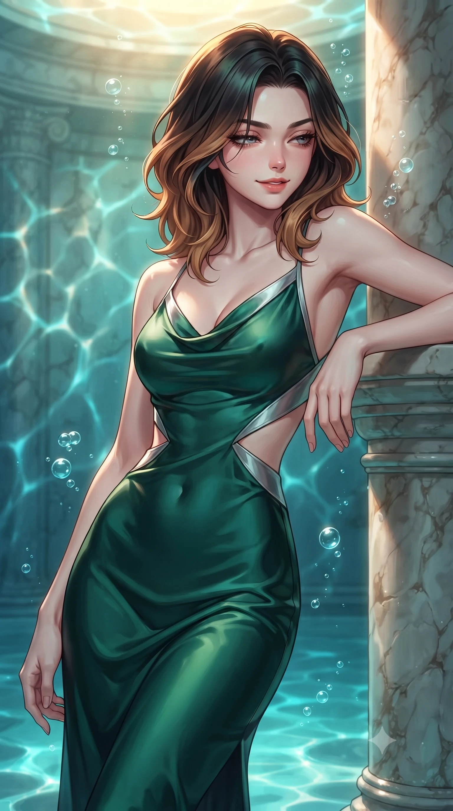 score_9, masterpiece, best quality, ultra-detailed, high-budget anime keyframe, editorial fashion photography, tasteful artistic composition, Korean woman. close-up cowboy shot from the waist and thighs up, the character dominates the composition, filling the frame with her large presence, background elements kept in soft focus. Glancing sidelong over her shoulder with a smoldering half-smile and heavy lashes resting against an antique marble pillar as gentle sea bubbles rise around her, shimmering water reflections dancing dynamically across the marble walls. She has an exceptionally elegant, slender, and willowy female figure with an ultra-slim waist, a gracefully sculpted slender torso, and a refined silhouette. sharp v-shaped jawline, high-bridge nose, intricate jewel-like eyes with depth, thick eyelashes, glossy lips with a natural sheen. wearing an elegant cowl-neck satin midi dress with a draped neckline in deep emerald green and silver accent, formed from sleek second-skin neoprene, featuring subtle geometric cutouts that highlight her ultra-slim midriff, the elegant draped fit framing her graceful clavicle and slender torso. illuminated by luminous aqua bioluminescence and warm golden top lighting. highly saturated vibrant anime colors, detailed shading with soft gradients, rich glossy textures, high-contrast stereoscopic depth, volumetric dynamic lighting, master piece, 9:16 ratio