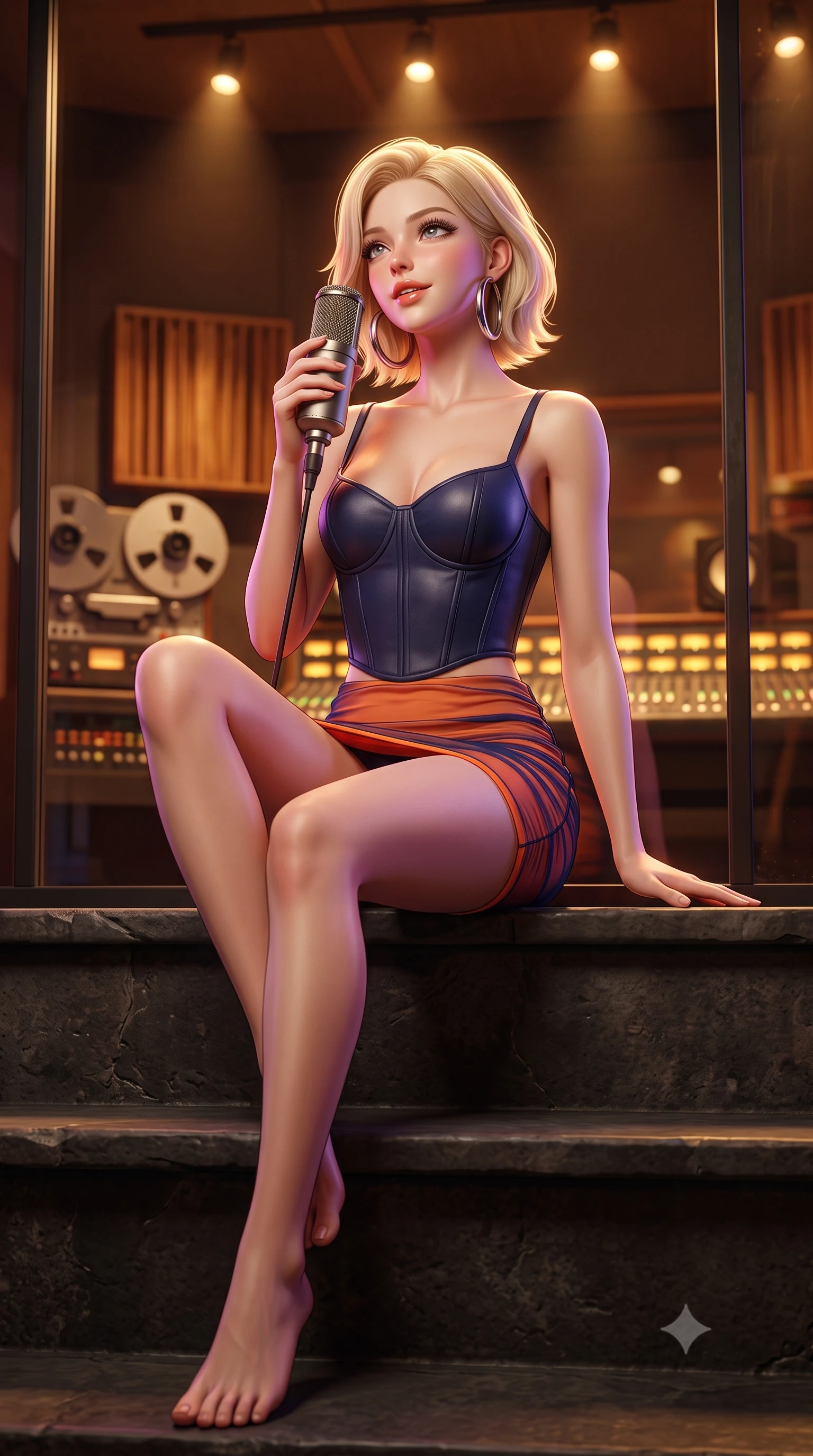 score_9, masterpiece, best quality, ultra-detailed, high-budget anime keyframe, semi-realistic 3D game render, editorial fashion photography, tasteful artistic composition, Caucasian woman. low angle full-body shot from head to toe showing her feet, filling the entire 9:16 vertical frame with her statuesque presence, stretching her vertical silhouette. sitting poised on the stone steps with one knee bent, arching her spine with supermodel elegance as she glances upward through thick eyelashes while standing inside the soundproof glass vocal booth holding a vintage condenser microphone, arching her back with passionate siren allure. The background shows a soft-focus walls of analog tape reel machines, acoustic wooden diffusers, and glowing console faders blurred into teak, amber, and brass bokeh. She has an absolutely perfect, statuesque 8.5-heads proportion, an exceptionally tall and slender model-like female figure with impossibly long slender legs, an ultra-slim waist, a flat toned midriff, narrow delicate ribcage, and beautifully sculpted feminine hips creating a graceful, slim hourglass silhouette without any bulky heaviness. sharp v-shaped jawline, high-bridge nose, sparkling eyes with hypnotic seductive depth, thick curled eyelashes, glossy parted lips with a natural dewy peach sheen, alluring bedroom-eyes with an enchanting coquettish smile, exuding magnetic siren charisma and sophisticated glamour, flawlessly proportioned anatomical accuracy, strict slender model proportions, natural body alignment, perfectly sculpted long slender limbs, ultra-slim waistline, clean dynamic posture without body distortion. wearing a structured boned leatherette corset top paired with an ultra-short ruched neon mini skirt in sunset tangerine orange and deep navy indigo, made of semi-opaque stretch illusion mesh with soft shadowy contours, accented with oversized polished chrome hoop earrings catching the ambient neon glow, the second-skin tailored fabric adhering flawlessly to her sculpted flat midriff and slender torso, emphasizing her long leg lines and perfectly proportioned willowy build. bathed in warm 3000K overhead spotlighting and glowing console indicator lamps. highly saturated vibrant anime colors, detailed shading with soft gradients, rich glossy textures, high-contrast stereoscopic depth, volumetric dynamic lighting, master piece, 9:16 ratio
