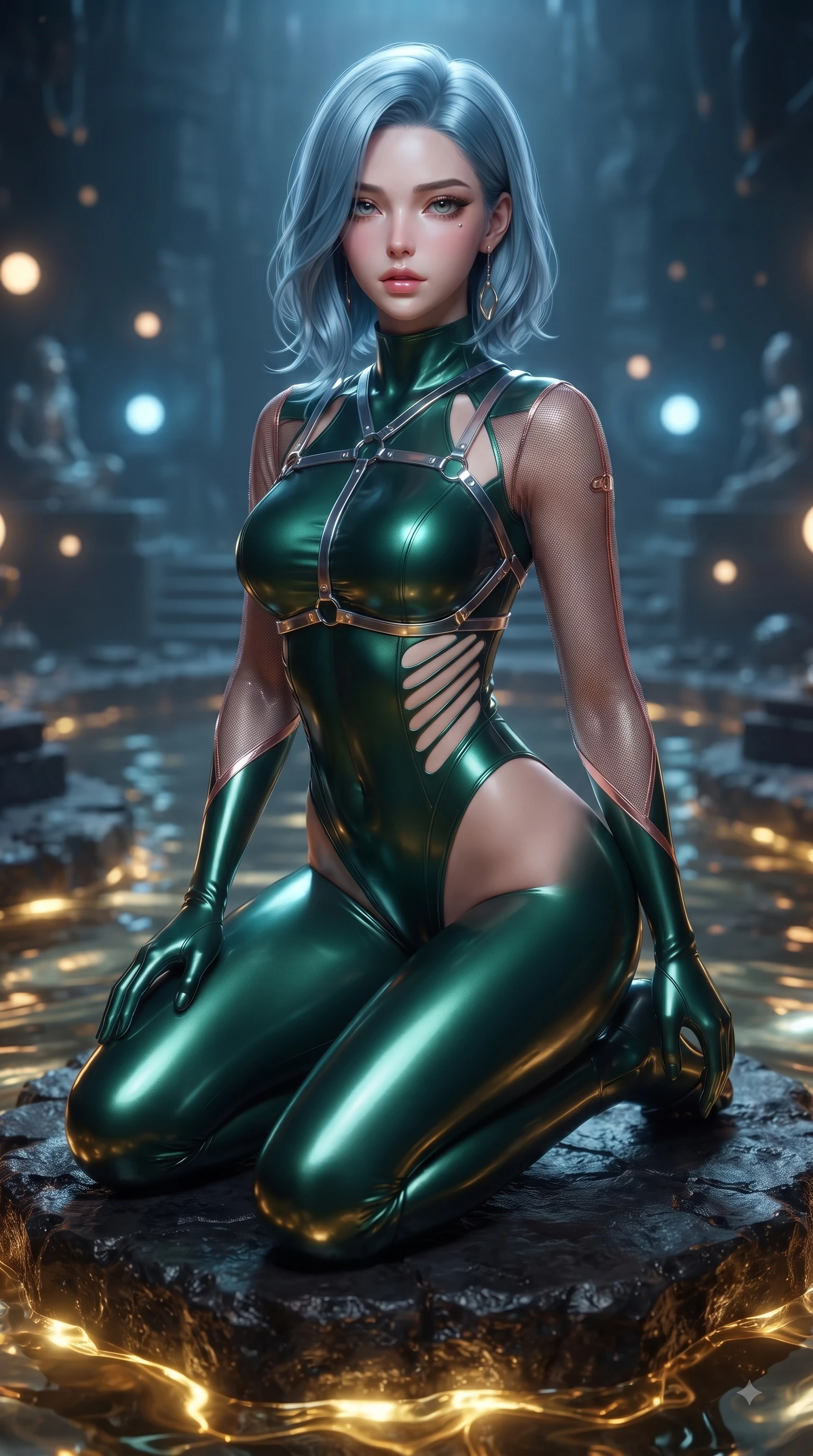 score_9, masterpiece, best quality, ultra-detailed, high-budget anime keyframe, editorial fashion photography, tasteful artistic composition, Korean woman. close-up cowboy shot from the waist and thighs up, the character dominates the composition, filling the frame with her large presence. casting a slow, smoldering gaze beneath heavy lashes with parted glossy lips, her head slightly tilted in captivating self-assurance while kneeling gracefully on a floating obsidian dais inside a subterranean tech-sanctuary with glowing liquid gold rippling around her. The composition keeps background elements in soft focus with creamy bokeh. distant cyber-temple altars and floating light orbs softened in deep atmospheric focus. She has an exceptionally elegant, slender, and willowy female figure with an ultra-slim waist, a gracefully sculpted slender torso, and a refined silhouette. sharp v-shaped jawline, high-bridge nose, intricate jewel-like eyes with depth, thick eyelashes, glossy lips with a natural sheen, flawlessly proportioned anatomical accuracy, natural body alignment, perfectly sculpted elegant limbs, clean dynamic posture without body distortion. wearing an ultra-sleek high-cut tech-bodysuit featuring dangerous diagonal slitted cutouts on the midriff and shoulders, reinforced by a metallic silver harness and sheer mesh sleeves in emerald green and metallic rose gold trim, made of liquid metal jersey that clings flawlessly to every contour of her build, reinforced by a sleek metallic chrome harness and delicate glowing micro-straps, the glove-like fit tightly following every curve of her statuesque athletic build. illuminated by intense gold caustics from below and cool blue ambient backlighting. ultra-reflective glossy finish, specular highlights, metallic sheen, high-contrast stereoscopic depth, volumetric dynamic lighting, 2k, ultra detail, master piece, 9:16 ratio