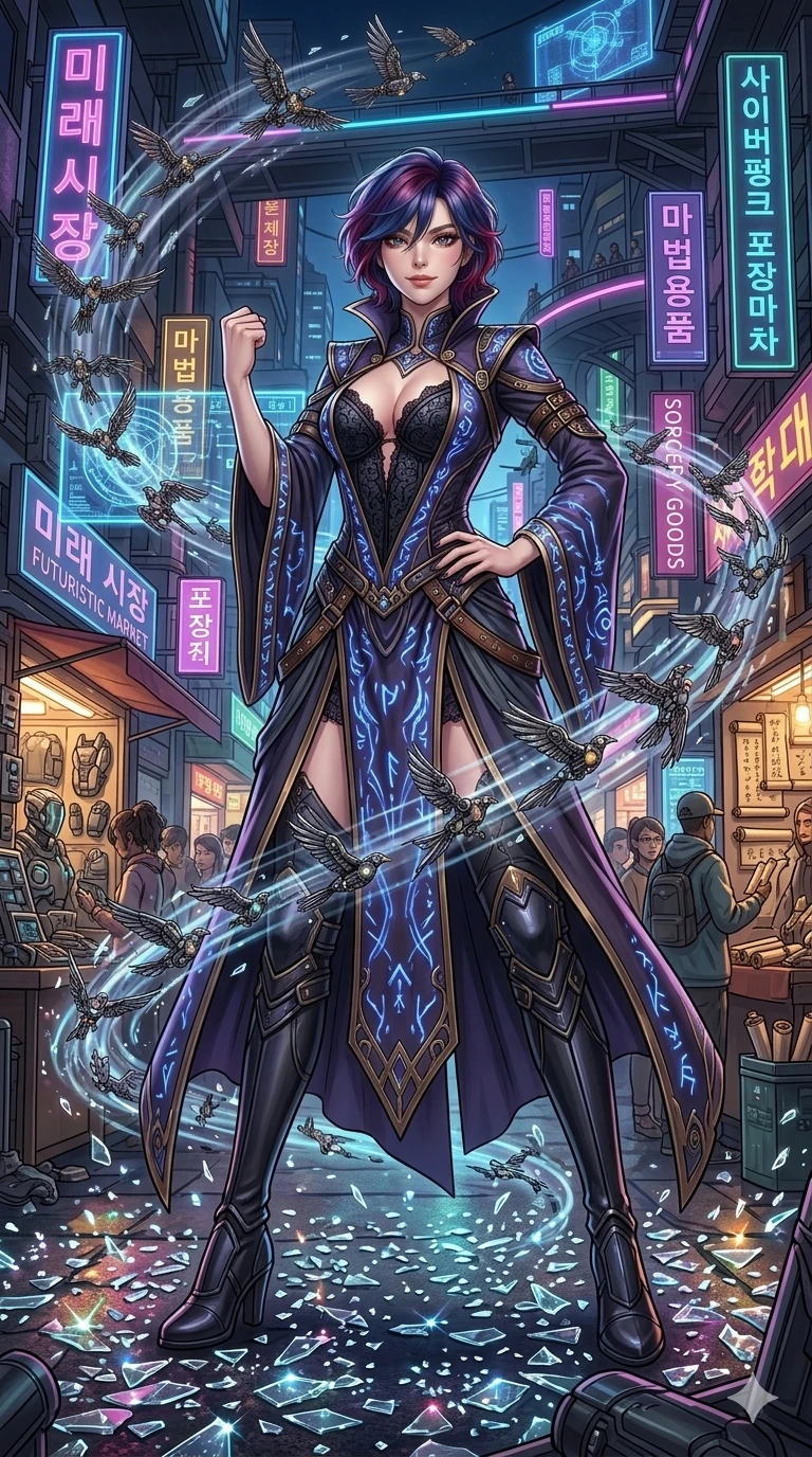score_9, masterpiece, best quality, ultra-detailed, Set A: High-budget Anime Keyframe, Korean woman. Upper body close-up from the thighs up, character filling the screen for maximum presence. Sliding through a misty lakeside at dawn, as she leaves a trail of 168 glowing footprints and surrounded by shattered glass fragments. She has an absolutely perfect 8-heads proportion, an exceptionally tall and slender female figure with impossibly long slender legs and an ultra-slim waist. Sharp v-shaped jawline, high-bridge nose, intricate jewel-like eyes with depth, thick eyelashes, glossy lips with a natural sheen. Wearing Traditional fusion robe with a deep V-cut and holographic dragon embroidery. Cinematic lighting, vibrant colors, dramatic shadows, 2k, ultra detail, master piece, 9:16 ratio