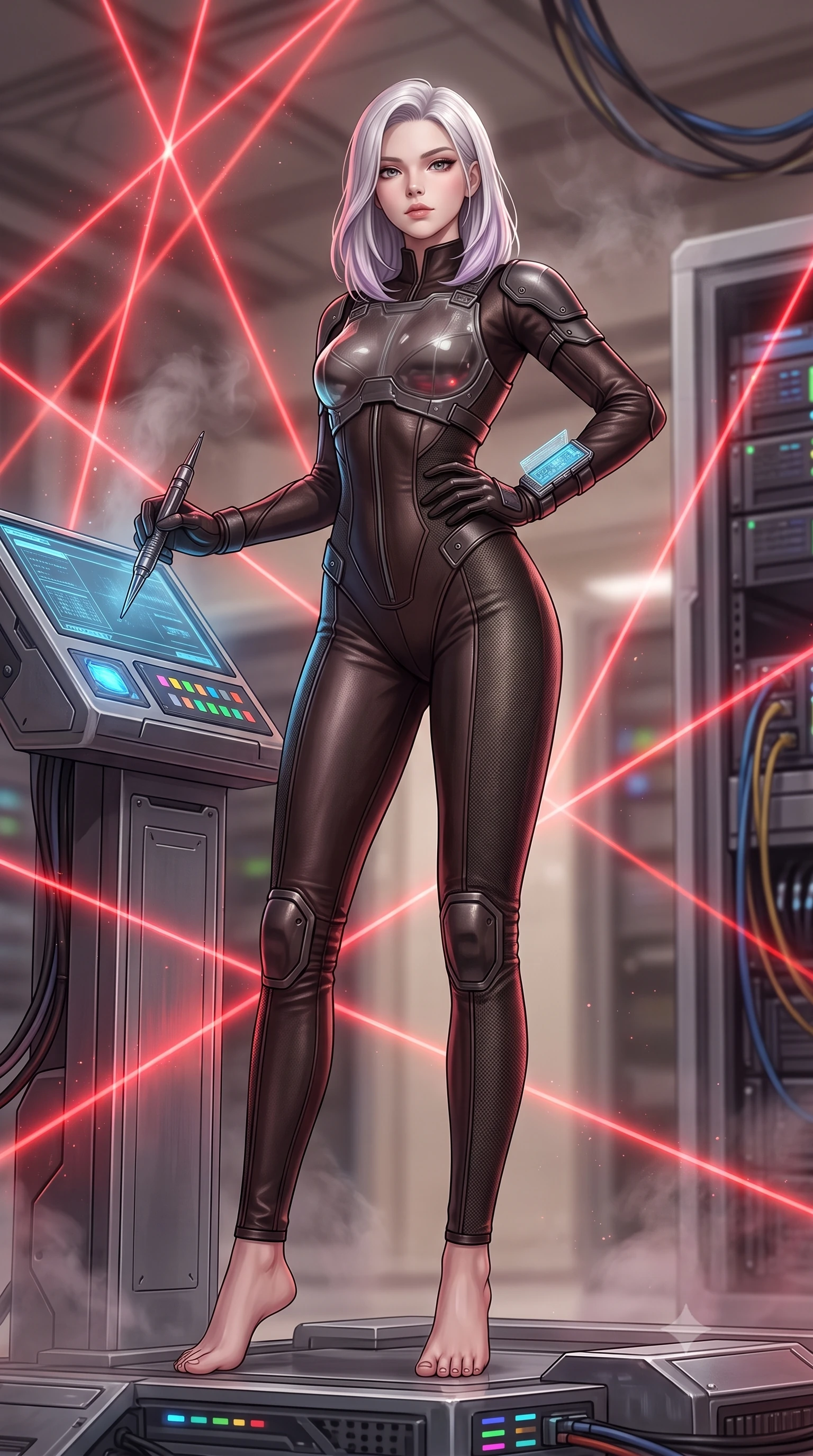 score_9, masterpiece, best quality, ultra-detailed, high-budget anime keyframe, semi-realistic 3D game render, editorial fashion photography, tasteful artistic composition, Caucasian woman. low angle full-body shot from head to toe showing her feet, filling the entire 9:16 vertical frame with her statuesque presence, stretching her vertical silhouette. standing poised with one hip cocked in an alluring high-fashion pose, her tall 8.5-heads proportions dominating the scene while holding a high-tech data-extraction spike near a master console terminal with supreme operative confidence. The composition keeps background elements in soft focus with creamy bokeh. cooling vapor wisps and airborne particulate dust catching bright red laser beam motes. She has an absolutely perfect, statuesque 8.5-heads proportion, an exceptionally tall and slender model-like female figure with impossibly long slender legs, a toned flat midriff, and an ultra-slim waist. sharp v-shaped jawline, high-bridge nose, intricate jewel-like eyes with depth, thick eyelashes, glossy lips with a natural sheen, captivating and magnetic expression, flawlessly proportioned anatomical accuracy, strict slender model proportions, natural body alignment, perfectly sculpted long slender limbs, ultra-slim waistline, clean dynamic posture without body distortion. wearing a sleek tailored stealth catsuit with transparent armor breastplate and tactical shoulder pauldrons in deep espresso leather and gunmetal hardware, tailored from water-resistant treated wool gabardine and flexible Kevlar, equipped with a wrist-mounted miniature holographic display terminal, the liquid-tight tailored fabric emphasizing every curve of her tall, slender model proportions and sculptured silhouette during dynamic movement. bathed in dramatic intersecting red laser beam illumination and cool blue server indicator glow. highly saturated vibrant anime colors, detailed shading with soft gradients, rich glossy textures, high-contrast stereoscopic depth, volumetric dynamic lighting, master piece, 9:16 ratio
