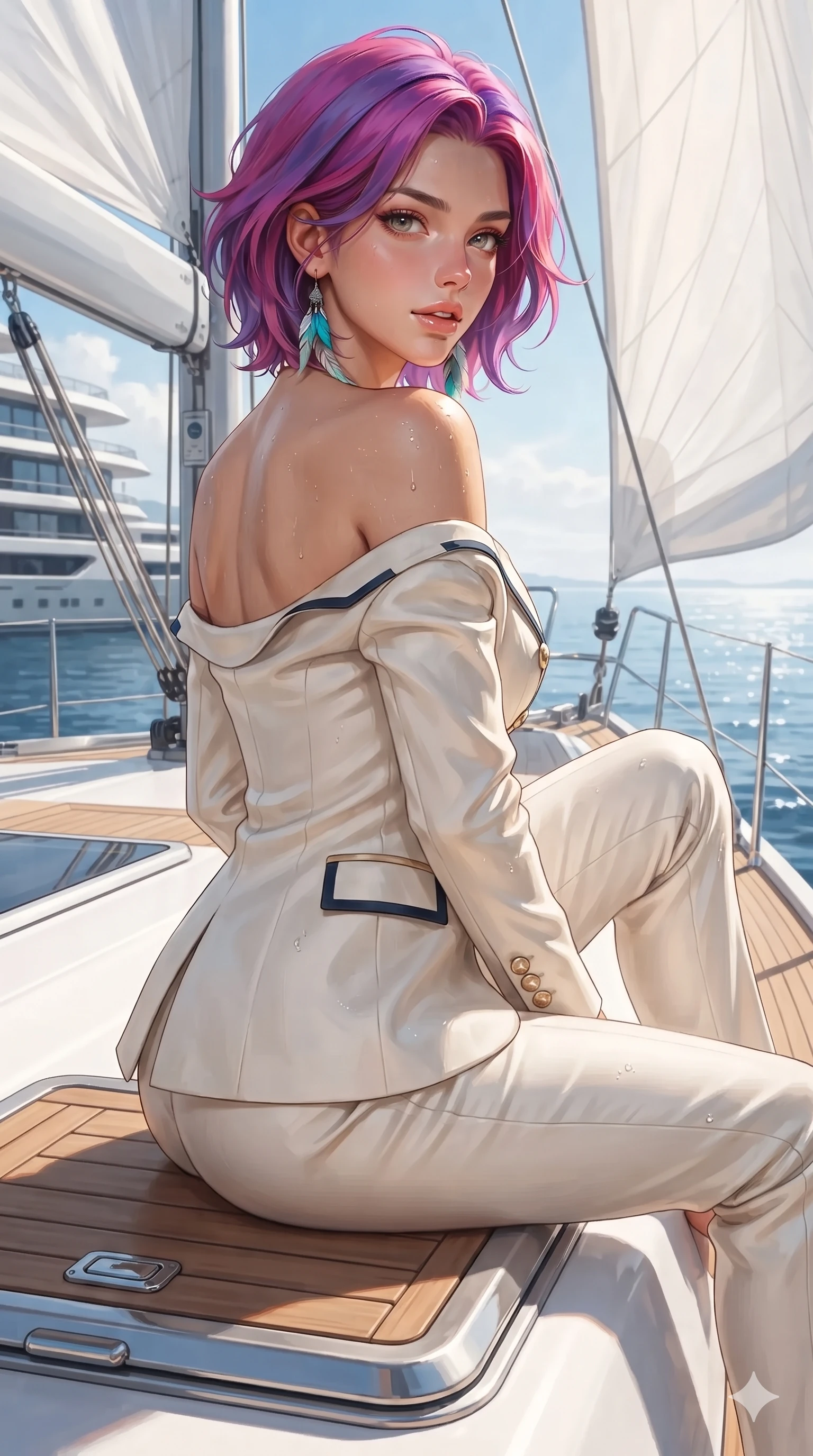 score_9, masterpiece, best quality, ultra-detailed, high-budget anime keyframe, editorial fashion photography, tasteful artistic composition, Caucasian woman. close-up cowboy shot from the waist and thighs up, the character dominates the composition, filling the frame with her large presence. posing in an alluring rear three-quarter angle, looking over a bare shoulder with parted glossy lips, her hips cocked back to highlight her slim hourglass curve while perched sideways on the flush teak hatch, one knee drawn up to showcase her slender leg line while her arched back accentuates her feminine hip curve with effortless maritime poise. The surrounding environment is rendered in vivid detail and crisp panoramic clarity: detailed second-skin sailing bodysuit texture, salt-spray droplets on skin, and modern naval architecture in high resolution. She has an exceptionally elegant, slender, and willowy female figure with an ultra-slim waist, flat toned midriff, narrow ribcage, and sculpted feminine hips creating an alluring, slim hourglass silhouette without bulk. sharp v-shaped jawline, high-bridge nose, sparkling eyes with hypnotic seductive depth, thick curled eyelashes, glossy parted lips with a natural dewy peach sheen, alluring bedroom-eyes with an enchanting coquettish smile, exuding magnetic siren charisma and sophisticated glamour, flawlessly proportioned anatomical accuracy, strict slender model proportions, natural body alignment, perfectly sculpted long slender limbs, ultra-slim waistline, clean dynamic posture without body distortion. wearing a structured Riviera tailored pantsuit in liquid ivory silk with golden nautical button accents in French Riviera navy and crisp champagne gold, tailored from second-skin technical compression neoprene with athletic curve-sculpting stretch, accented with turquoise and silver bohemian feather earrings swaying near her bare neck, the impeccably tailored cut draping gracefully along her slender figure with aristocratic resort poise. bathed in intense, brilliant 3400K maritime sunlight reflecting off open Mediterranean waters and crisp white sails. ultra-reflective glossy finish, specular highlights, rich textural contrasts, high-contrast stereoscopic depth, volumetric dynamic lighting, 2k, ultra detail, master piece, 9:16 ratio