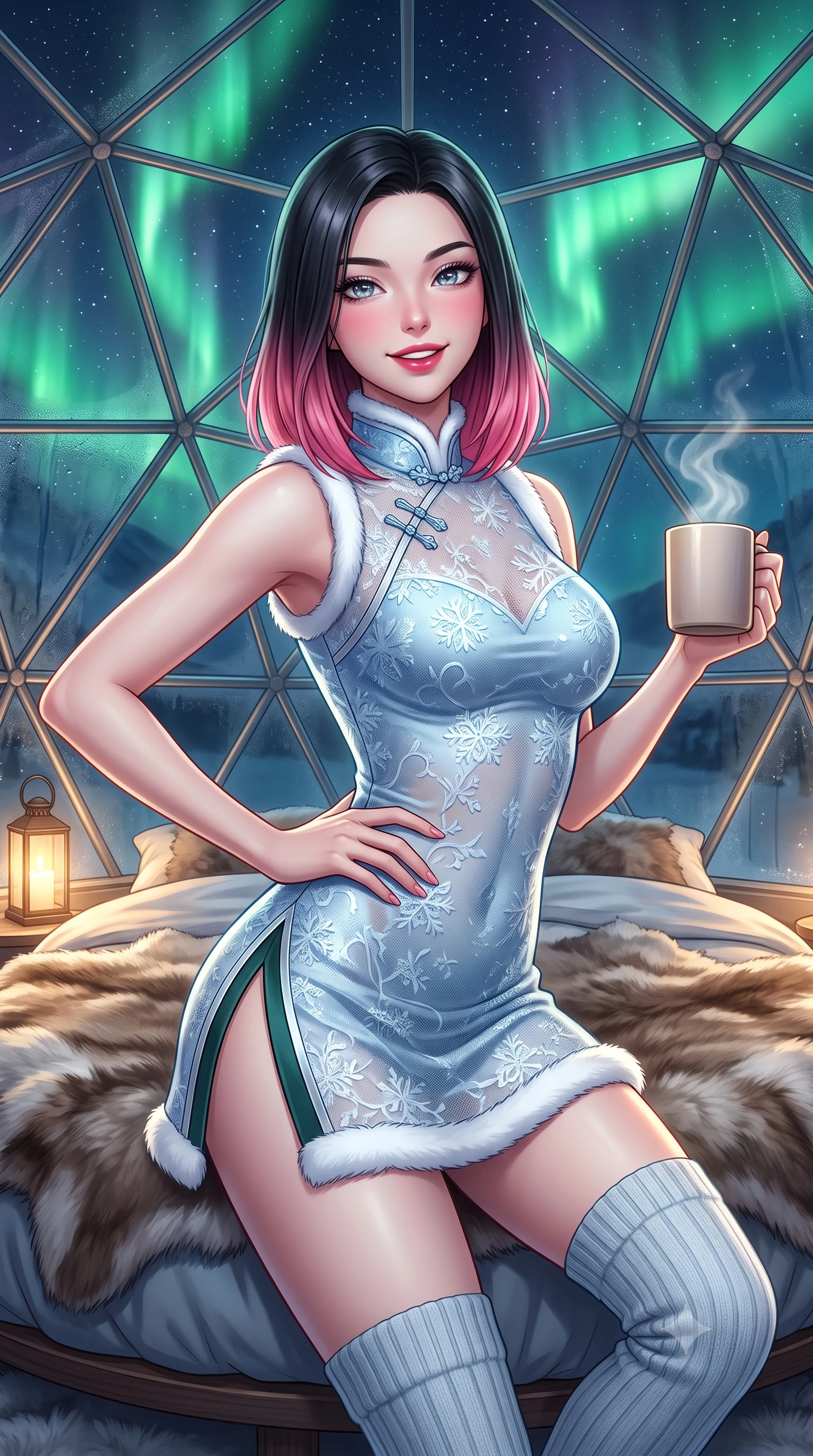 score_9, masterpiece, best quality, ultra-detailed, high-budget anime keyframe, semi-realistic 3D game render, editorial fashion photography, tasteful artistic composition, Korean woman. close-up cowboy shot from the waist and thighs up, the character dominates the composition, filling the frame with her large presence. twisting her slender torso in an alluring contrapposto stance, one hand resting on her sculpted hip while holding a steaming mug with effortless poise while reclining back across the circular fur-draped thermal bed beneath the curved glass geodesic dome, arching her spine as vibrant green auroras dance overhead. The surrounding environment is rendered in vivid detail and crisp panoramic clarity. sharp geodesic metal strut lines, thermal glass condensation clarity, and plush reindeer hide textures in deep focus. She has an exceptionally elegant, slender, and willowy female figure with an ultra-slim waist, flat toned midriff, narrow ribcage, and sculpted feminine hips creating an alluring, slim hourglass silhouette without bulk. sharp v-shaped jawline, high-bridge nose, sparkling ice-crystal eyes with depth, frosty thick lashes, glossy parted lips with a rosy berry sheen, bright playful smile with an intoxicating seductive glint, rosy flushed cheeks radiating cozy warmth and dangerous allure, flawlessly proportioned anatomical accuracy, strict slender model proportions, natural body alignment, perfectly sculpted long slender limbs, ultra-slim waistline, clean dynamic posture without body distortion. wearing a modern cute winter qipao mini dress in frost-blue silk with white fur trim and side hip slits in deep spruce green and frosted silver, crafted from sheer delicate thermal stretch lace with snowflake floral motifs, complemented by cozy ribbed wool knee-high leg warmers accentuating her slender legs, the form-contouring cut accentuating her sculpted flat midriff, narrow delicate ribcage, and gracefully curvy hips with alpine supermodel elegance. illuminated by soft warm bedside lantern fill and sharp icy-platinum rim lights defining her slim torso, narrow waist, and curvy hips. highly saturated vibrant anime colors, detailed shading with soft gradients, rich glossy textures, high-contrast stereoscopic depth, volumetric dynamic lighting, master piece, 9:16 ratio