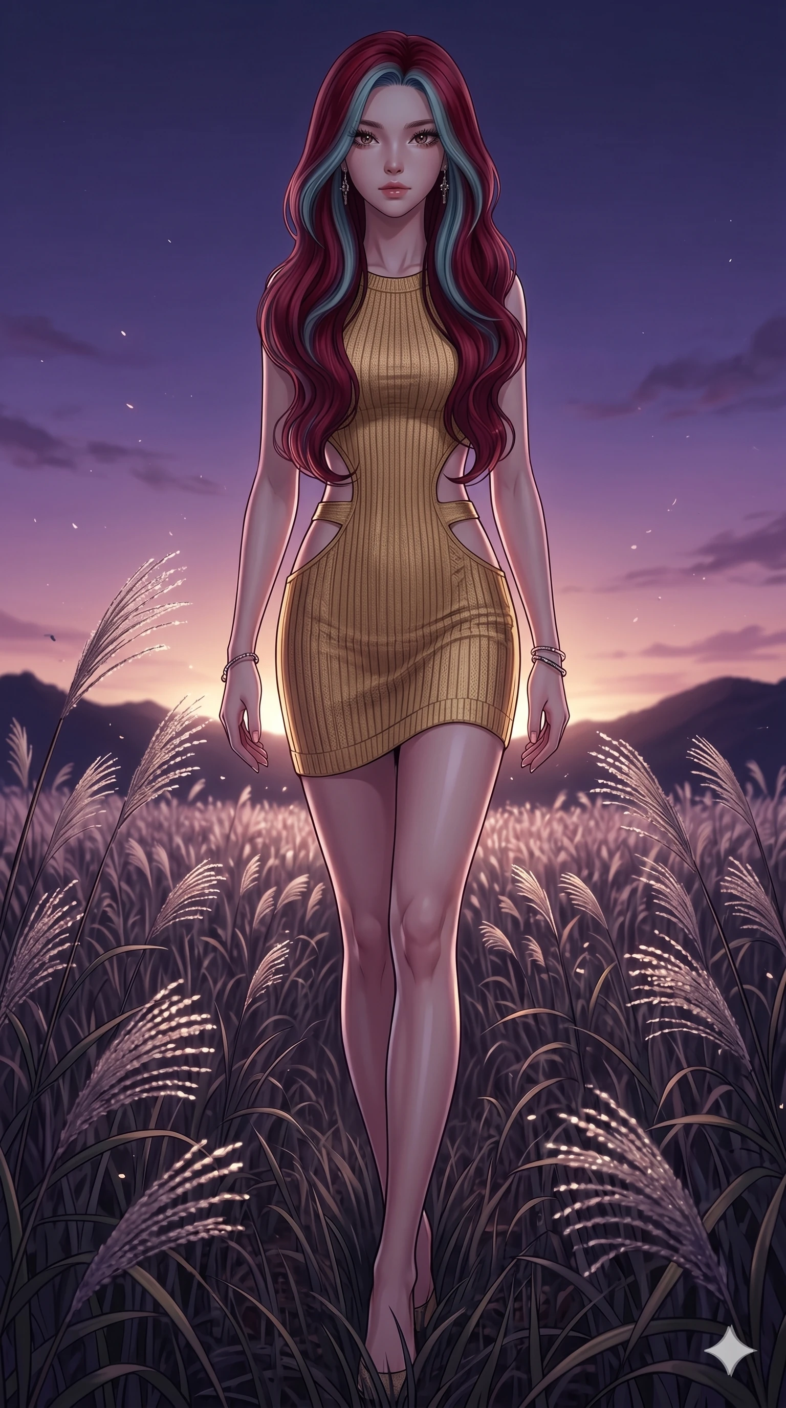 score_9, masterpiece, best quality, ultra-detailed, High-budget Anime Keyframe, East Asian woman. Dynamic full-body shot stretching the vertical silhouette to the limit. Scenario 258: Walking through a field of tall silver grass at twilight. Her presence is magnetic and overpowering in this high-budget anime scene. Outfit 258: A ribbed bodycon knit gold with a strategic side cut-outs and tight-fitting silhouette. The clothing is designed to emphasize her exceptionally tall and slender 8-heads proportion. 8-heads proportion, towering silhouette, ultra-slim waist. sharp v-shaped jawline, intricate jewel-like eyes with depth, thick eyelashes, glossy lips. 2k, ultra detail, master piece, 9:16 ratio