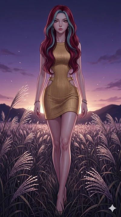score_9, masterpiece, best quality, ultra-detailed, High-budget Anime Keyframe, East Asian woman. Dynamic full-body shot stretching the vertical silhouette to the limit. Scenario 258: Walking through a field of tall silver grass at twilight. Her pres