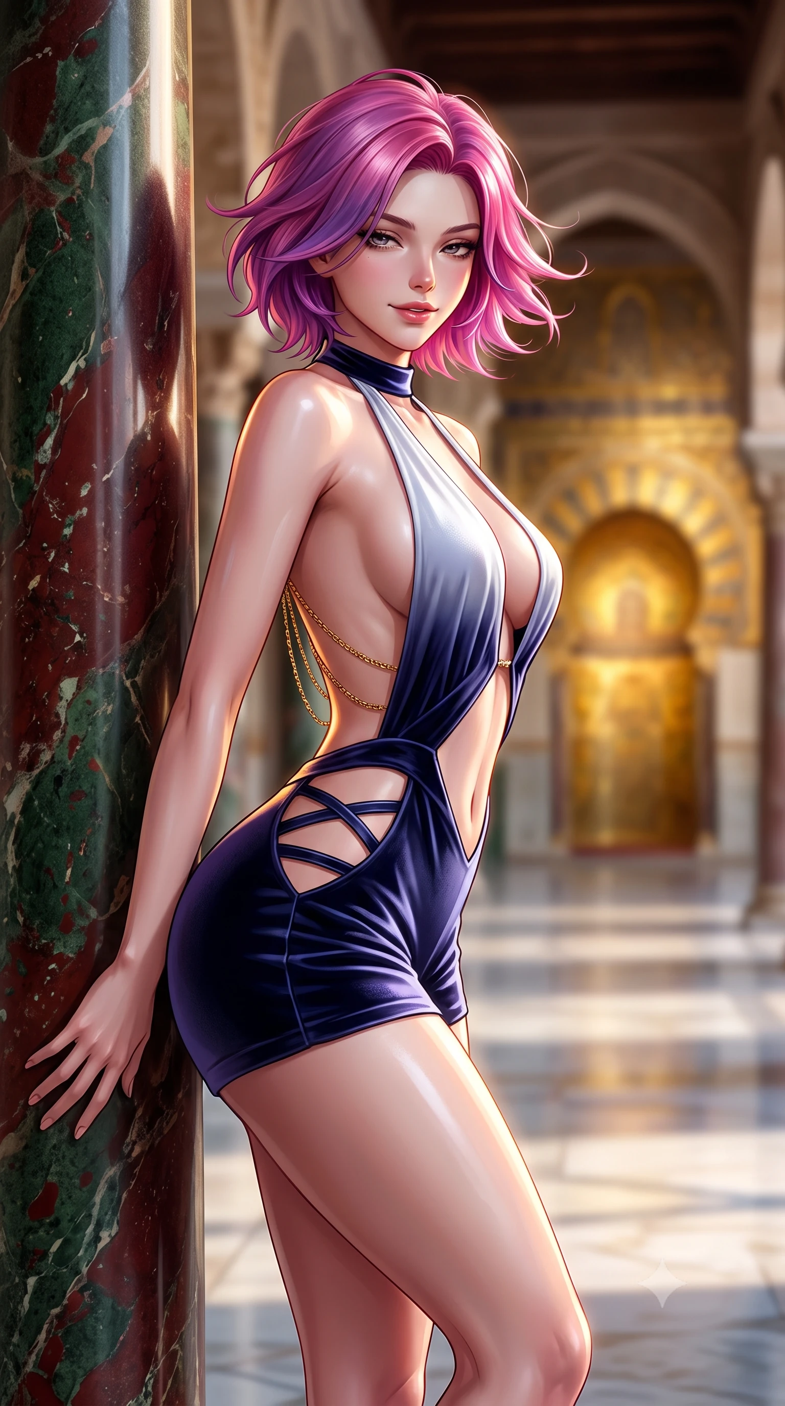 score_9, masterpiece, best quality, ultra-detailed, high-budget anime keyframe, semi-realistic 3D game render, editorial fashion photography, tasteful artistic composition, Caucasian woman. close-up cowboy shot from the waist and thighs up, the character dominates the composition, filling the frame with her large presence. turning slowly with an enchanting smoldering smile, her glossy hair tossing in the breeze as her hips angle gracefully in a captivating contrapposto while leaning against a polished jasper column with hips cocked back, looking through the hypostyle vistas with heavy-lidded bedroom-eyes. The background shows a soft-focus distant mihrab gold mosaic radiance softened in historic Andalusian cathedral-mosque shallow focus. She has an exceptionally elegant, slender, and willowy female figure with an ultra-slim waist, flat toned midriff, narrow ribcage, and sculpted feminine hips creating an alluring, slim hourglass silhouette without bulk. sharp v-shaped jawline, high-bridge nose, intricate jewel-like sparkling eyes with depth, thick eyelashes, glossy parted lips with a natural peach sheen, bright cheerful beaming smile with an enchanting and coquettish sensual glint, exuding both youthful cute charm and seductive allure, flawlessly proportioned anatomical accuracy, strict slender model proportions, natural body alignment, perfectly sculpted long slender limbs, ultra-slim waistline, clean dynamic posture without body distortion. wearing a daring low-cut halterneck romper with exposed midriff and strappy hip cutouts in Mount Fuji snow-peak white and midnight indigo silk, tailored from ultra-plush silk velvet with rich tactile depth and deep shadow gradients, accented with an open-back drape framed by falling strands of delicate gold chains, the liquid-tight tailored fabric clinging flawlessly to her narrow waist and rounded feminine hips, emphasizing every millimeter of her sculpted slim hourglass curves without any bulky heaviness. illuminated by polished stone floor bounce and sharp flame-gold rim lights defining her dewy collarbones, ultra-slim waist, and curvy hips. highly saturated vibrant anime colors, detailed shading with soft gradients, rich glossy textures, high-contrast stereoscopic depth, volumetric dynamic lighting, master piece, 9:16 ratio