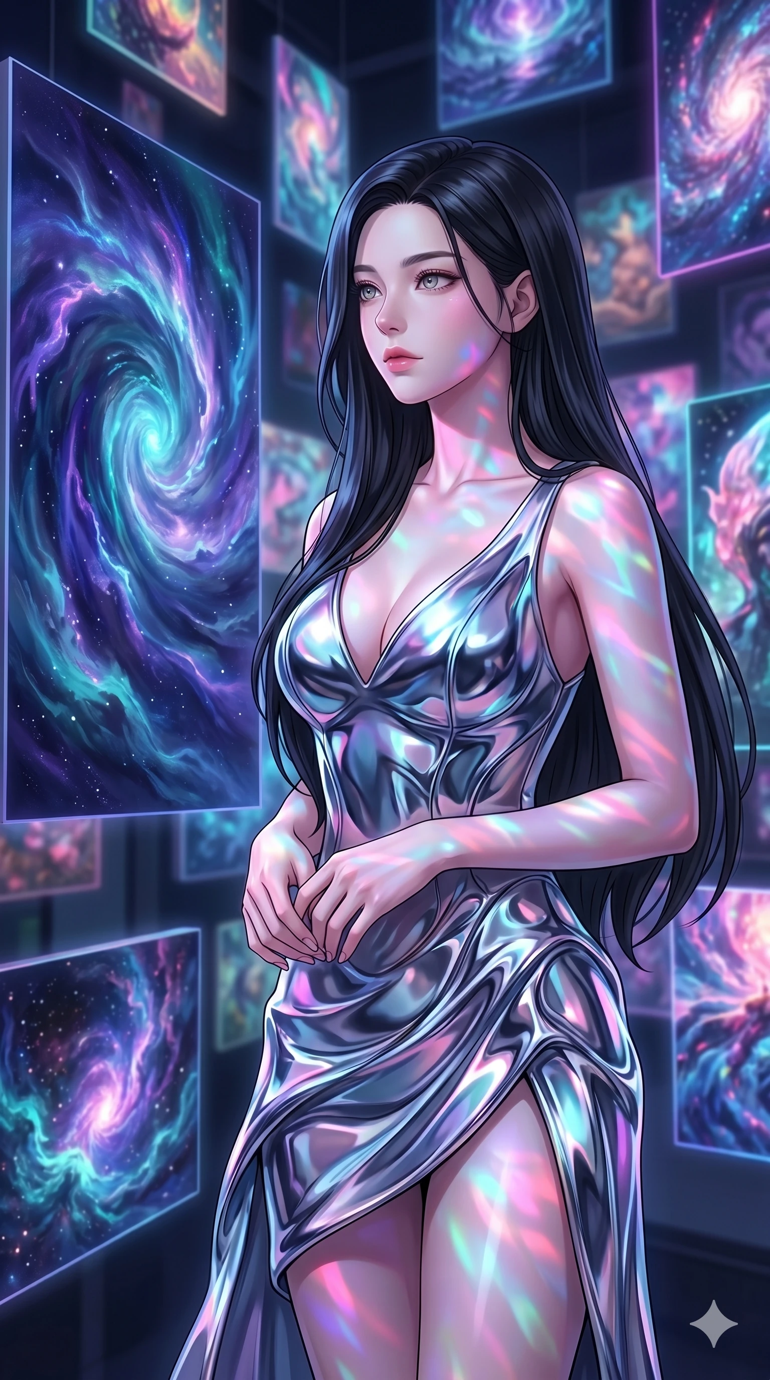 score_9, masterpiece, best quality, ultra-detailed, high-budget anime keyframe, Korean woman. Upper body close-up from the thighs up, character filling the screen for maximum presence. Standing in a room of floating digital paintings, observing a painting of a cosmic wave with a serene, captivating gaze. She is wearing an asymmetrical dress in liquid-chrome finish with a V-neckline. The scene is bathed in the shifting colors of the surrounding digital art. 2k, ultra detail, master piece, 9:16 ratio