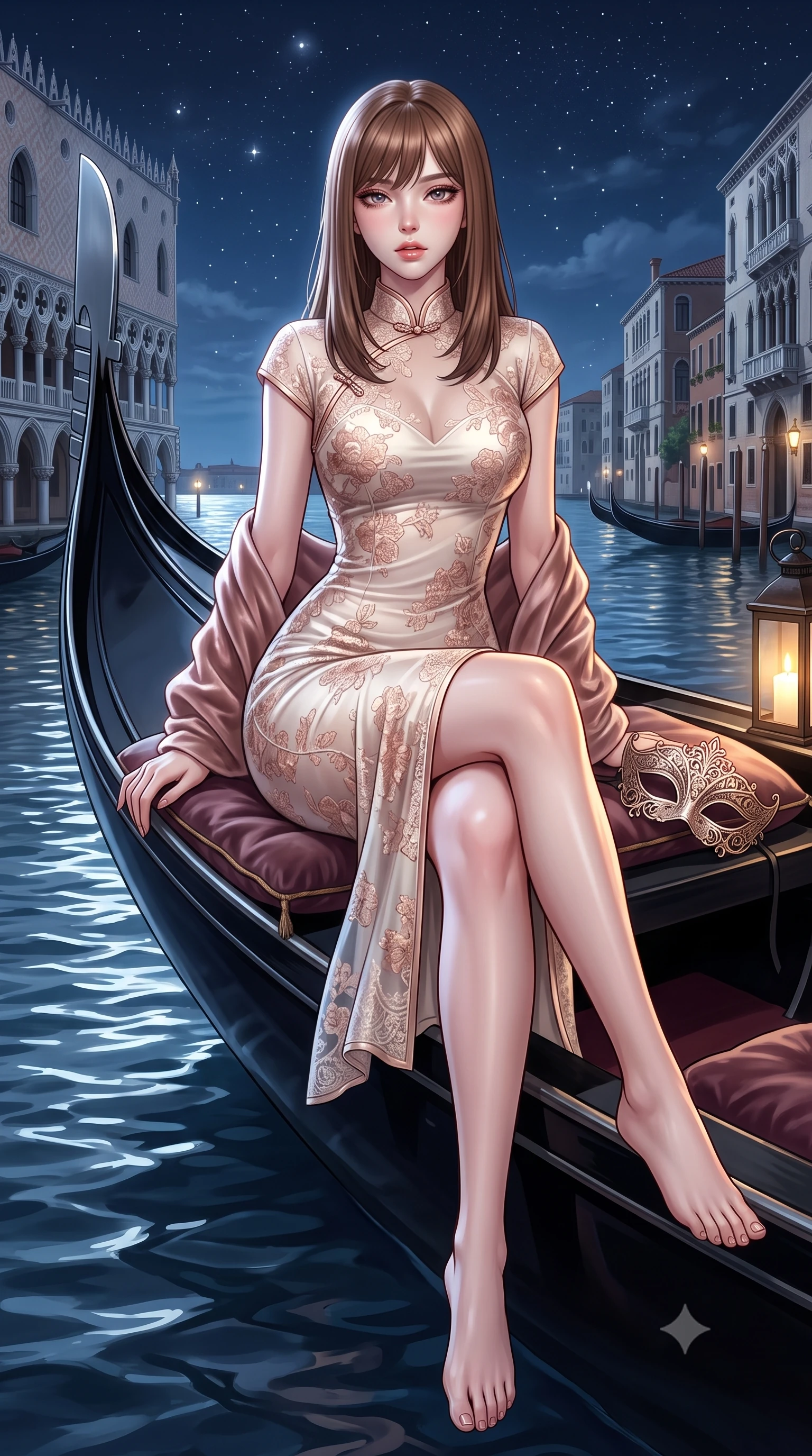 score_9, masterpiece, best quality, ultra-detailed, high-budget anime keyframe, semi-realistic 3D game render, editorial fashion photography, tasteful artistic composition, Korean woman. low angle full-body shot from head to toe showing her feet, filling the entire 9:16 vertical frame with her statuesque presence, stretching her vertical silhouette. sitting perched on the elevated edge with hips angled toward the camera and legs crossed, displaying her toned midriff and flawlessly sculpted slender limbs while reclining on her side across the velvet cushions of a sleek black gondola, arching her lower back with one slender leg extended as moonlit canal ripples mirror her curvy hips. The surrounding environment is rendered in vivid detail and crisp panoramic clarity. detailed mask filigree, silk dress drape folds, and starry night sky reflections in high resolution. She has an exceptionally tall and slender model-like 8.5-heads proportion, an ultra-slim waist, a flat toned midriff, narrow delicate ribcage, and beautifully sculpted feminine hips creating a graceful, slim hourglass silhouette without any bulky heaviness, with impossibly long slender legs. sharp v-shaped jawline, high-bridge nose, intricate jewel-like eyes with depth, thick eyelashes, glossy parted lips with a natural sheen, intensely captivating and seductive bedroom-eyes expression, flawlessly proportioned anatomical accuracy, strict slender model proportions, natural body alignment, perfectly sculpted long slender limbs, ultra-slim waistline, clean dynamic posture without body distortion. wearing a delicate semi-translucent silk yukata that clings to her wet skin and curvy hip contours in vintage champagne ivory and delicate rose gold, formed from shimmering floral lace over smooth opaque silk lining, complemented by a plush velvet shawl draped loosely over her elbows, the liquid-tight tailored fabric clinging flawlessly to her narrow waist and rounded feminine hips, emphasizing every millimeter of her sculpted slim hourglass curves without any bulky heaviness. illuminated by crisp specular highlights defining her slender neckline, ultra-slim waist, and curvy hips. highly saturated vibrant anime colors, detailed shading with soft gradients, rich glossy textures, high-contrast stereoscopic depth, volumetric dynamic lighting, master piece, 9:16 ratio