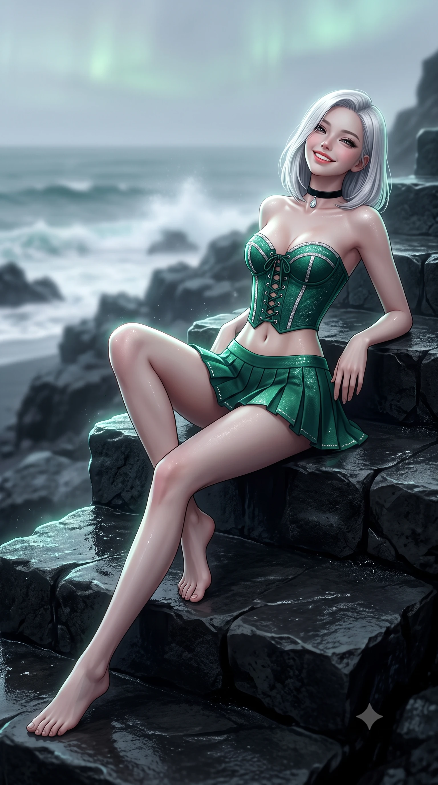 score_9, masterpiece, best quality, ultra-detailed, high-budget anime keyframe, editorial fashion photography, tasteful artistic composition, Korean woman. low angle full-body shot from head to toe showing her feet, filling the entire 9:16 vertical frame with her statuesque presence, stretching her vertical silhouette. sitting poised on the stone steps with one knee bent, arching her spine with supermodel elegance as she glances upward through thick eyelashes while reclining gracefully on the smooth basalt rock steps propped on one elbow with legs extended, displaying her long slender limbs and statuesque hourglass silhouette. The background shows a soft-focus distant ocean sea spray softened in wild Arctic coastline shallow focus. She has an exceptionally tall and slender model-like 8.5-heads proportion, an ultra-slim waist, a flat toned midriff, narrow delicate ribcage, and beautifully sculpted feminine hips creating a graceful, slim hourglass silhouette without any bulky heaviness, with impossibly long slender legs. sharp v-shaped jawline, high-bridge nose, intricate jewel-like sparkling eyes with depth, thick eyelashes, glossy parted lips with a natural peach sheen, bright cheerful beaming smile with an enchanting and coquettish sensual glint, exuding both youthful cute charm and seductive allure, flawlessly proportioned anatomical accuracy, strict slender model proportions, natural body alignment, perfectly sculpted long slender limbs, ultra-slim waistline, clean dynamic posture without body distortion. wearing a structured Seville boned lace-up bustier top paired with an ultra-short low-rise pleated micro mini skirt in Arctic aurora borealis emerald and starlight diamond, crafted from bespoke double-faced cashmere with an exceptionally soft tactile finish, finished with a thin velvet ribbon choker and a single teardrop diamond pendant, the impeccably tailored cut draping gracefully along her slender figure with aristocratic poise. illuminated by wet black sand reflection sheen and sharp emerald-platinum rim lights defining her dewy collarbones, ultra-slim waist, and curvy hips. ultra-reflective glossy finish, specular highlights, rich textural contrasts, high-contrast stereoscopic depth, volumetric dynamic lighting, 2k, ultra detail, master piece, 9:16 ratio
