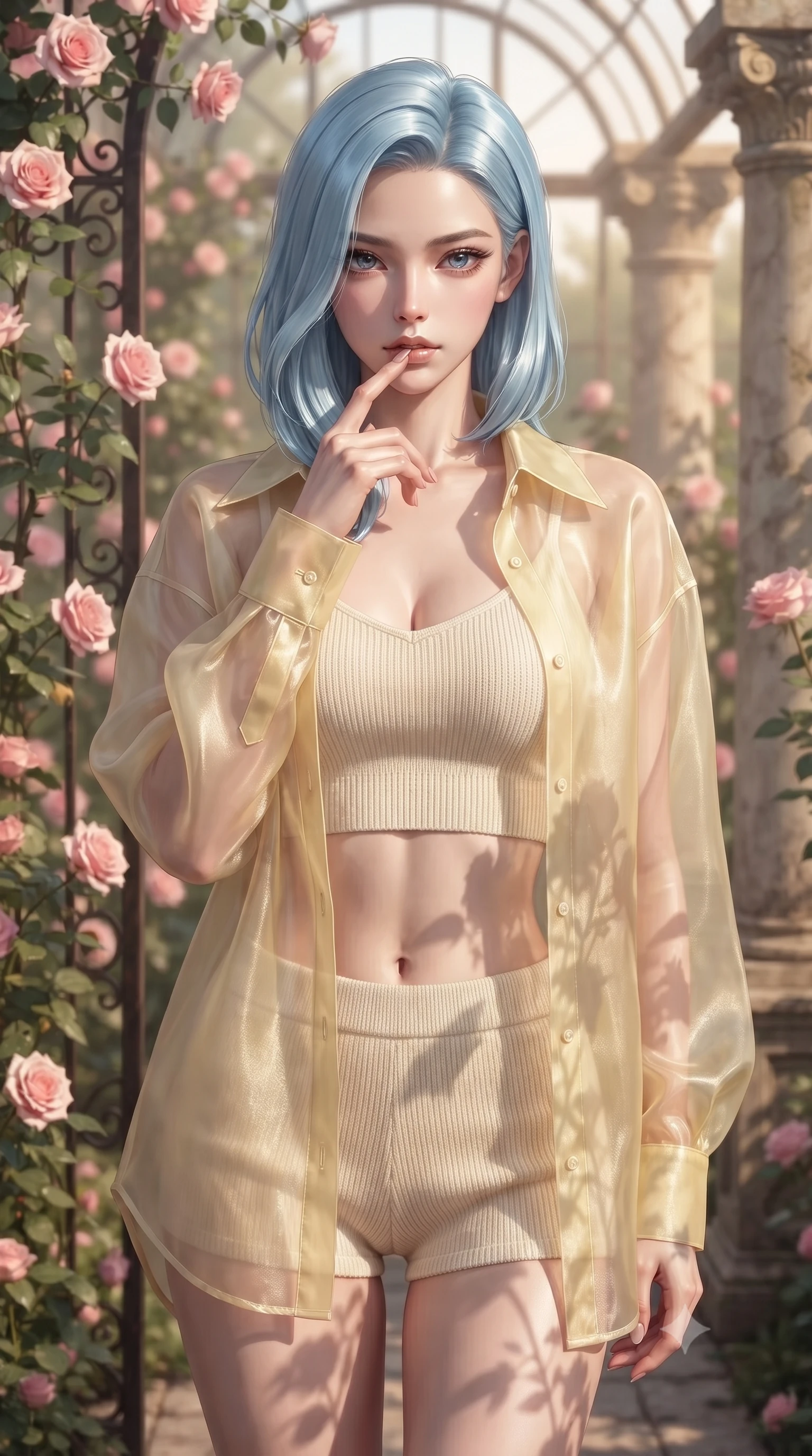 score_9, masterpiece, best quality, ultra-detailed, high-budget anime keyframe, editorial fashion photography, tasteful artistic composition, Korean woman. close-up cowboy shot from the waist and thighs up, the character dominates the composition, filling the frame with her large presence, background elements kept in soft focus. pressing one finger to her bottom lip in a thoughtful, seductive gesture under the warm sun the background shows a soft-focus a secluded rose garden glasshouse with climbing pink roses and stone pillars. She has an exceptionally elegant, slender, and willowy female figure with an ultra-slim waist, a gracefully sculpted slender torso, and a refined silhouette. sharp v-shaped jawline, high-bridge nose, intricate jewel-like eyes with depth, thick eyelashes, glossy lips with a natural sheen. wearing a tailored sheer organza shirt in pale yellow worn open over a knit crop top and micro-shorts. soft morning sunrays casting elegant shadows of the roses and leaves. ultra-reflective glossy finish, specular highlights, metallic sheen, high-contrast stereoscopic depth, volumetric dynamic lighting, 2k, ultra detail, master piece, 9:16 ratio