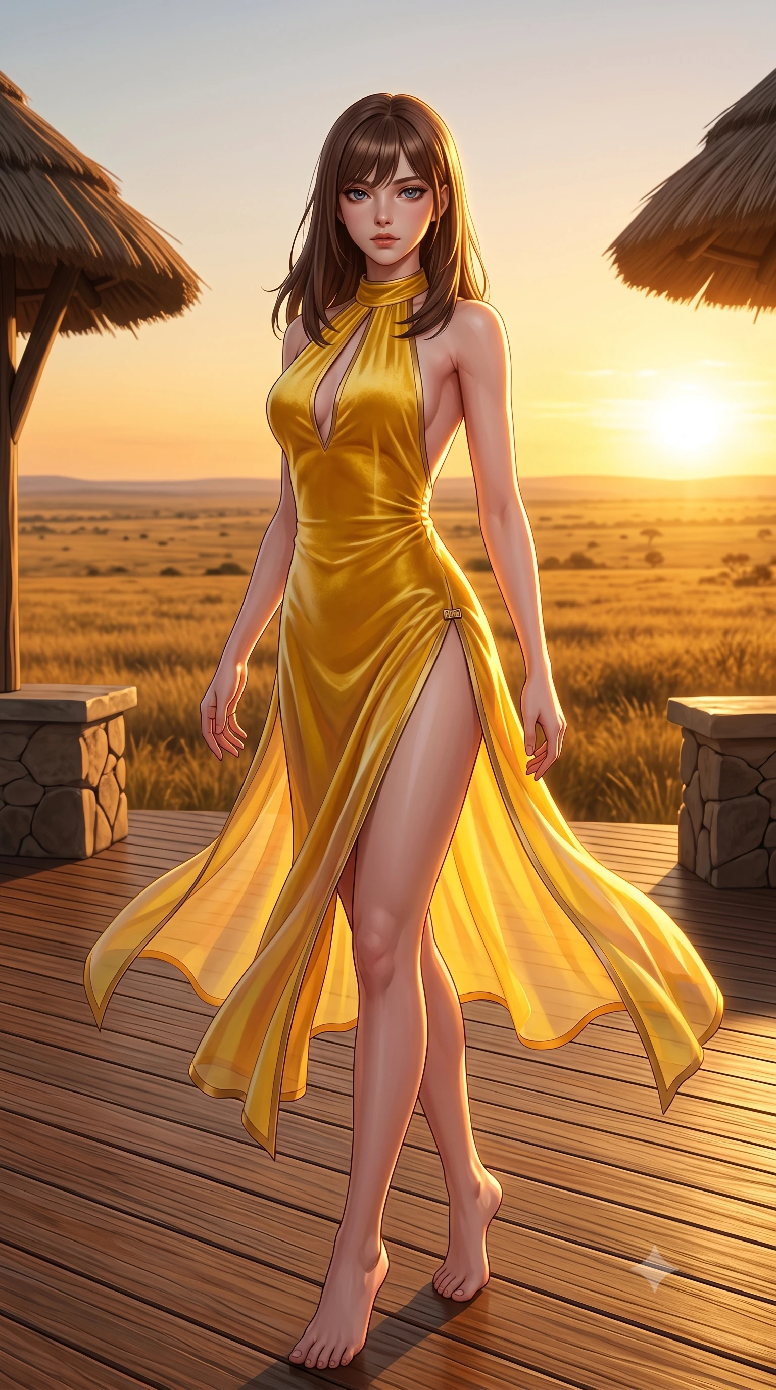 score_9, masterpiece, best quality, ultra-detailed, high-budget anime keyframe, semi-realistic 3D game render, editorial fashion photography, tasteful artistic composition, Korean woman. low angle full-body shot from head to toe showing her feet, filling the entire 9:16 vertical frame with her statuesque presence, stretching her vertical silhouette. pivoting dynamically in mid-motion with a breathtakingly alluring posture, displaying her flawless model proportions and ultra-slim waist while standing with sovereign grace on a teak viewing deck as golden evening winds billow her sheer chiffon drapes against the sunset. The surrounding environment is rendered in vivid detail and crisp panoramic clarity. high-contrast sunset lighting and ultra-exclusive safari architecture rendered with environmental sharpness. She has an absolutely perfect, statuesque 8.5-heads proportion, an exceptionally tall and slender model-like female figure with impossibly long slender legs, a toned flat midriff, and an ultra-slim waist. sharp v-shaped jawline, high-bridge nose, intricate jewel-like eyes with depth, thick eyelashes, glossy lips with a natural sheen, flawlessly proportioned anatomical accuracy, strict slender model proportions, natural body alignment, perfectly sculpted long slender limbs, ultra-slim waistline, clean dynamic posture without body distortion. wearing a velvet halter-neck midi dress fitting her statuesque contour flawlessly with a Tasteful chest slit and open spine in vibrant sunburst canary yellow and gold trim, made of smooth iridescent silk chiffon that shifts colors with movement, finished with an ultra-high side slit secured by miniature magnetic clasps, the form-contouring material adhering flawlessly to her sculpted flat midriff and slender torso, emphasizing her long leg lines and perfectly proportioned willowy build. illuminated by crisp golden rim highlights sharply defining her ultra-slim waist, long legs, and flat midriff. highly saturated vibrant anime colors, detailed shading with soft gradients, rich glossy textures, high-contrast stereoscopic depth, volumetric dynamic lighting, master piece, 9:16 ratio