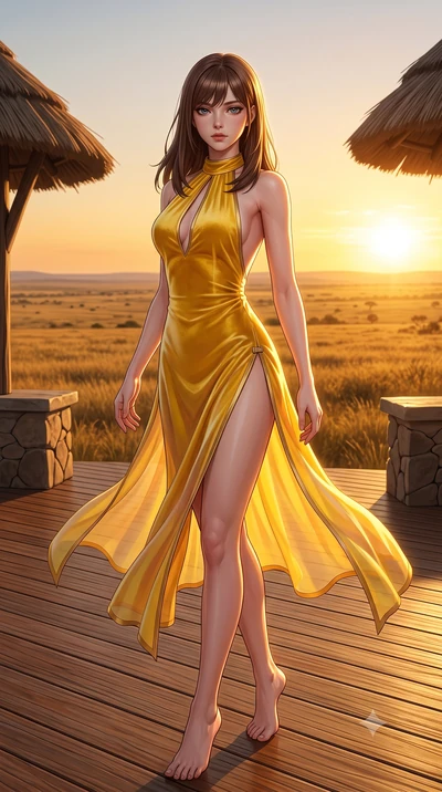 score_9, masterpiece, best quality, ultra-detailed, high-budget anime keyframe, semi-realistic 3D game render, editorial fashion photography, tasteful artistic composition, Korean woman. low angle full-body shot from head to toe showing her feet, fil