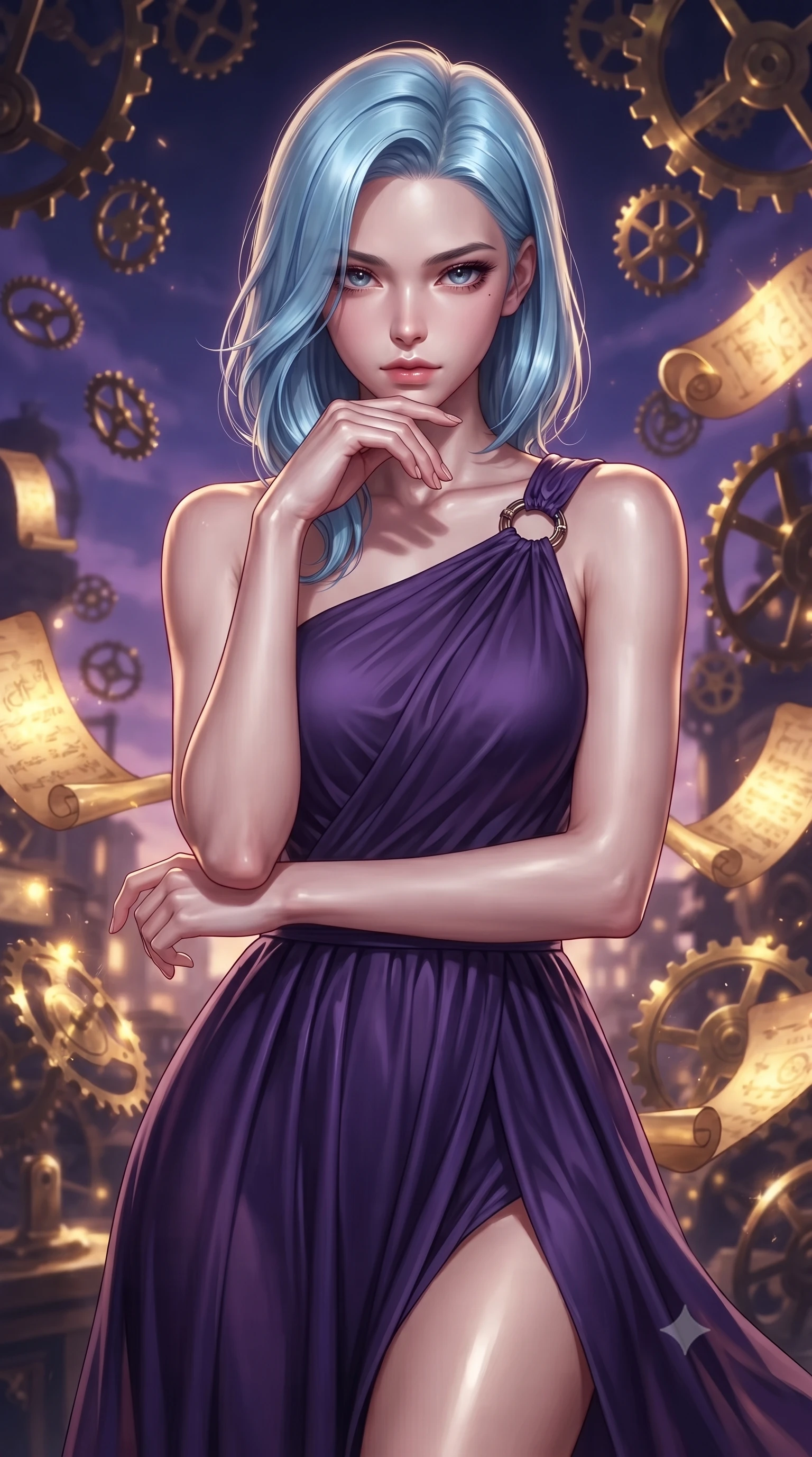 score_9, masterpiece, best quality, ultra-detailed, high-budget anime keyframe, editorial fashion photography, tasteful artistic composition, Korean woman. close-up cowboy shot from the waist and thighs up, the character dominates the composition, filling the frame with her large presence, background elements kept in soft focus. Resting her chin on the backs of her fingers, casting a sharp, mysterious gaze surrounded by floating antique brass gears and glowing golden parchment scrolls, floating brass gears and clocksprings casting intricate metallic reflections. She has an exceptionally elegant, slender, and willowy female figure with an ultra-slim waist, a gracefully sculpted slender torso, and a refined silhouette. sharp v-shaped jawline, high-bridge nose, intricate jewel-like eyes with depth, thick eyelashes, glossy lips with a natural sheen. wearing an elegant Grecian draped chiffon gown with an asymmetrical shoulder strap and ring detail, the elegant draped fit framing her graceful clavicle and slender torso. lit by a contrast of deep violet sky and radiant golden mechanical light. ultra-reflective glossy finish, specular highlights, metallic sheen, high-contrast stereoscopic depth, volumetric dynamic lighting, 2k, ultra detail, master piece, 9:16 ratio